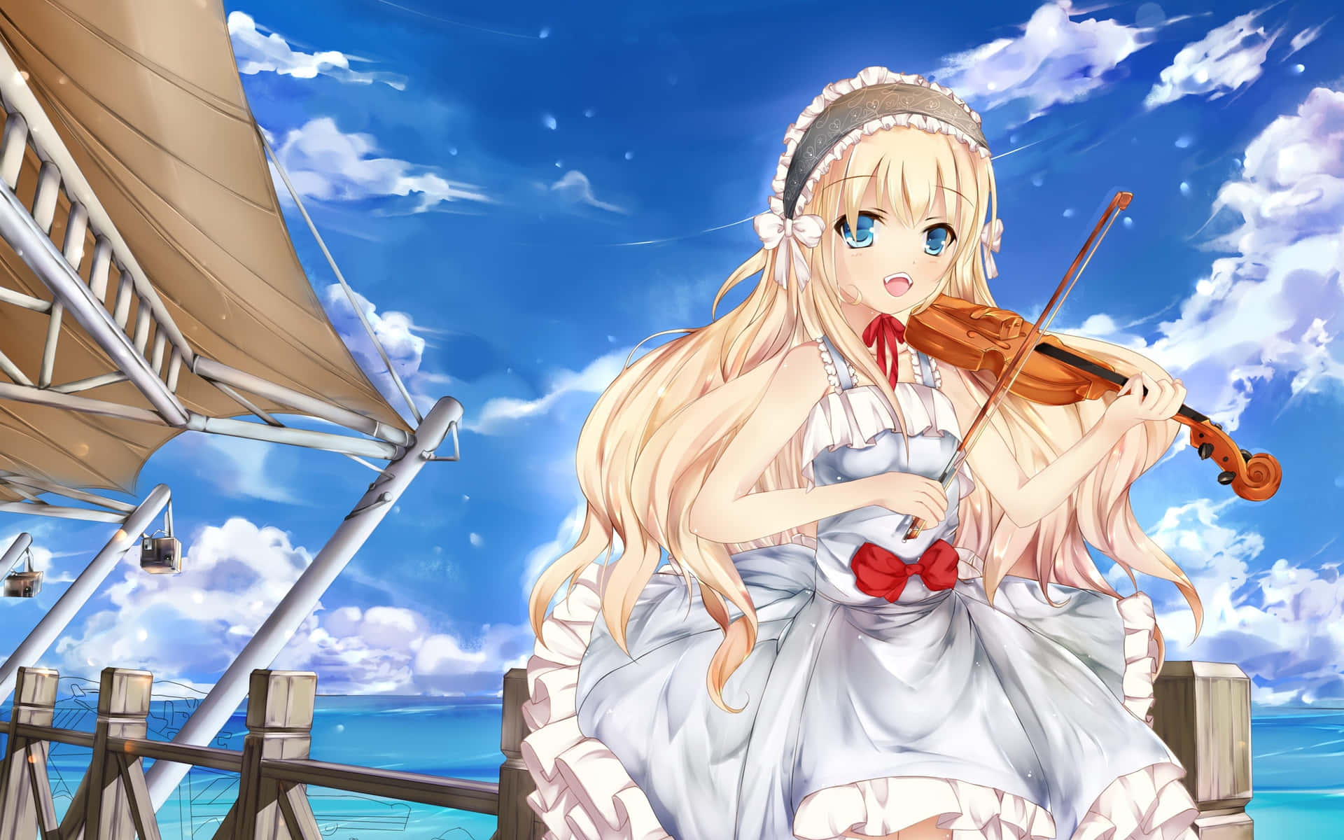 Blonde Anime Girl Playing Violin By The Sea Wallpaper