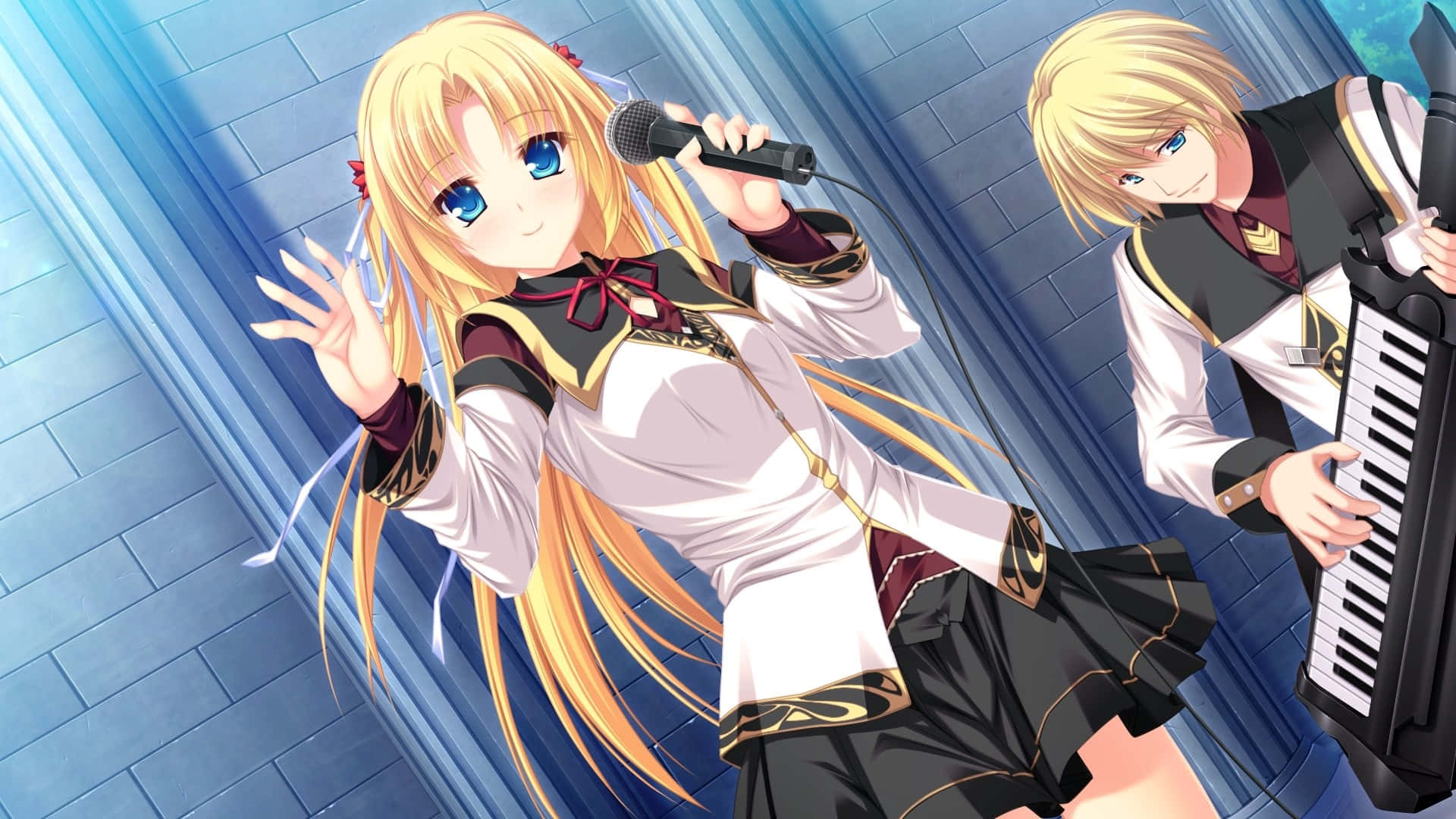 Blonde Anime Girl Singingwith Musician Friend Wallpaper