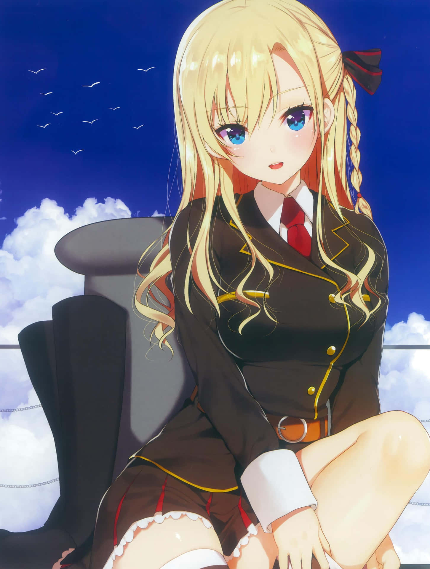 Blonde Anime Girl Sitting Against Sky Background Wallpaper