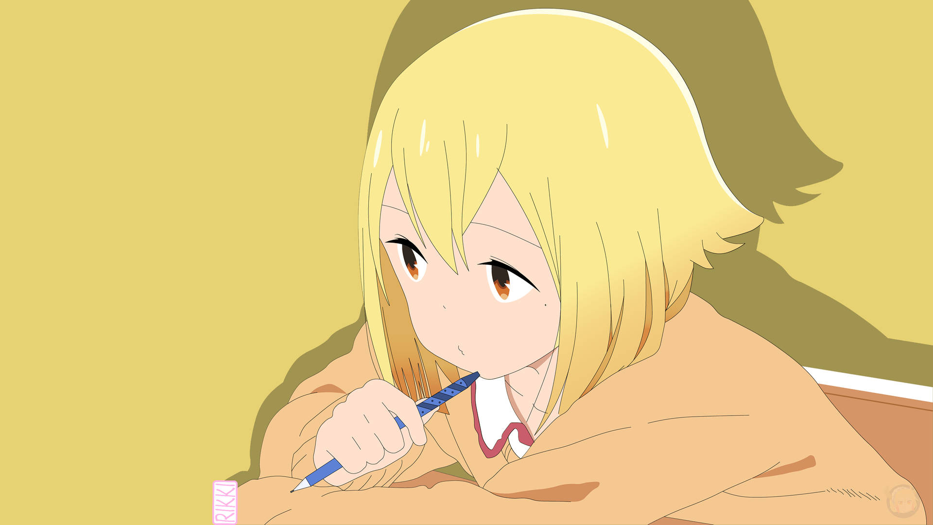 Blonde Anime Girl Studying Wallpaper