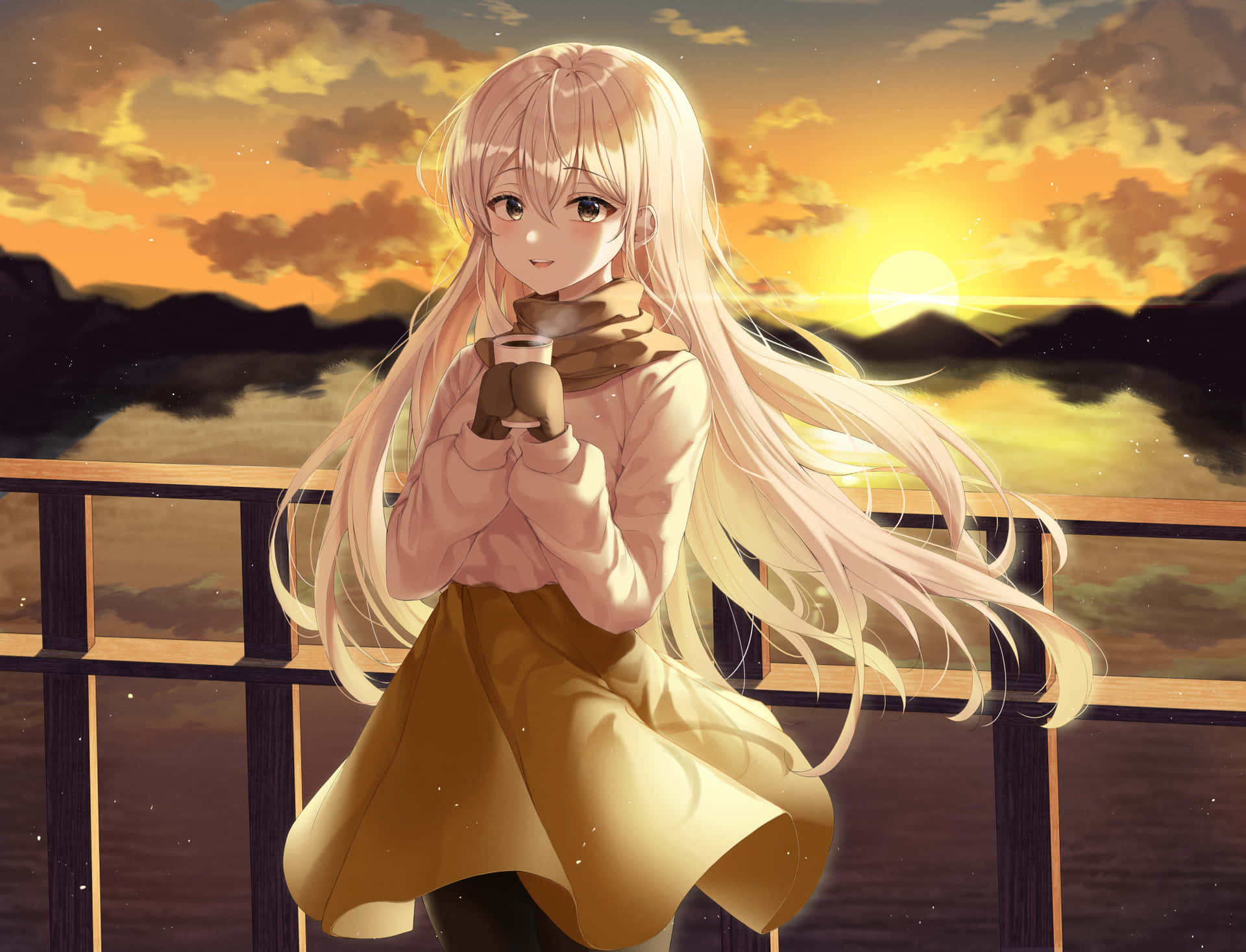 Blonde Anime Girl Sunset Scenery Wallpaper