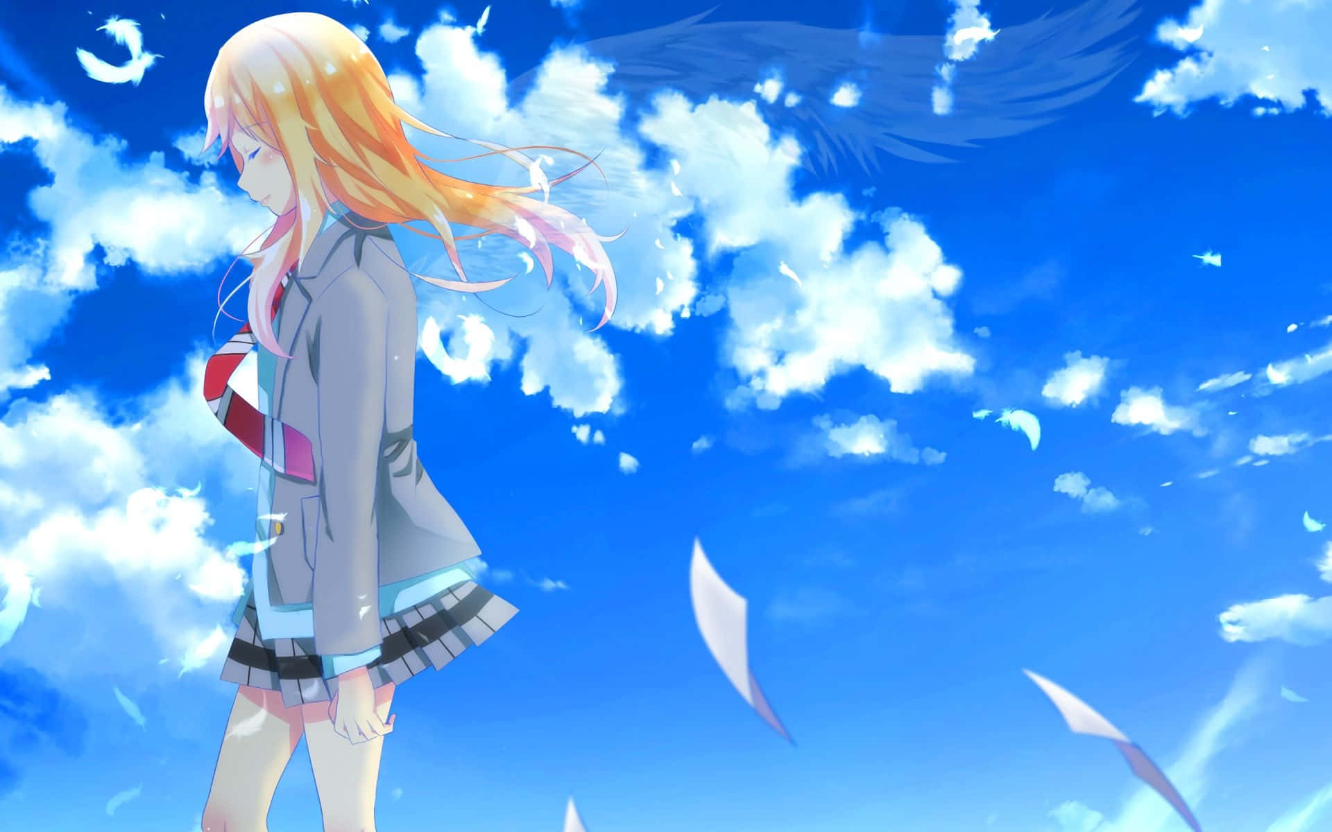 Fille D'anime Blonde Marchant Sous Un Ciel Bleu Fond d'écran