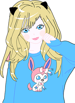 Blonde Anime Girl With Pink Creature PNG