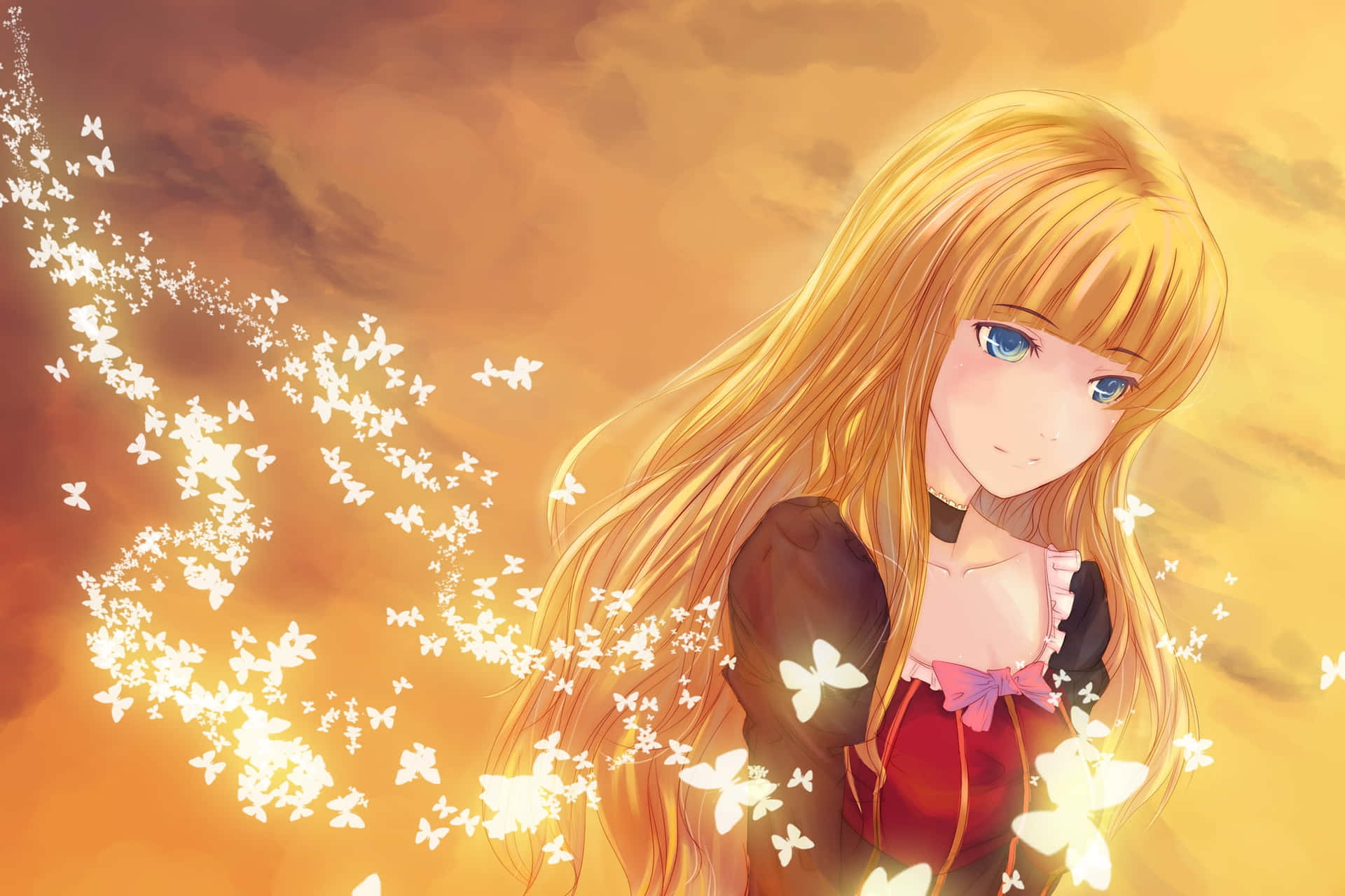 Blonde Anime Girlwith Butterflies Wallpaper