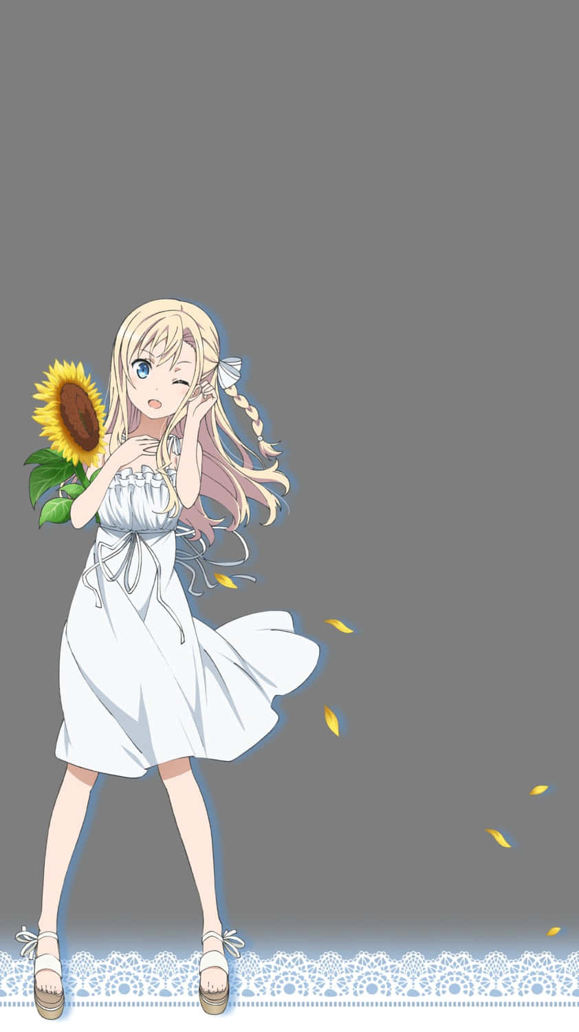 Blonde Anime Meisje Met Zonnebloem Achtergrond