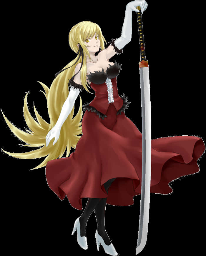 Blonde Anime Swordswomanin Red Dress PNG