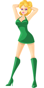 Blonde Cartoon Characterin Green Dress PNG