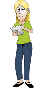 Blonde Cartoon Woman Holding Tablet PNG
