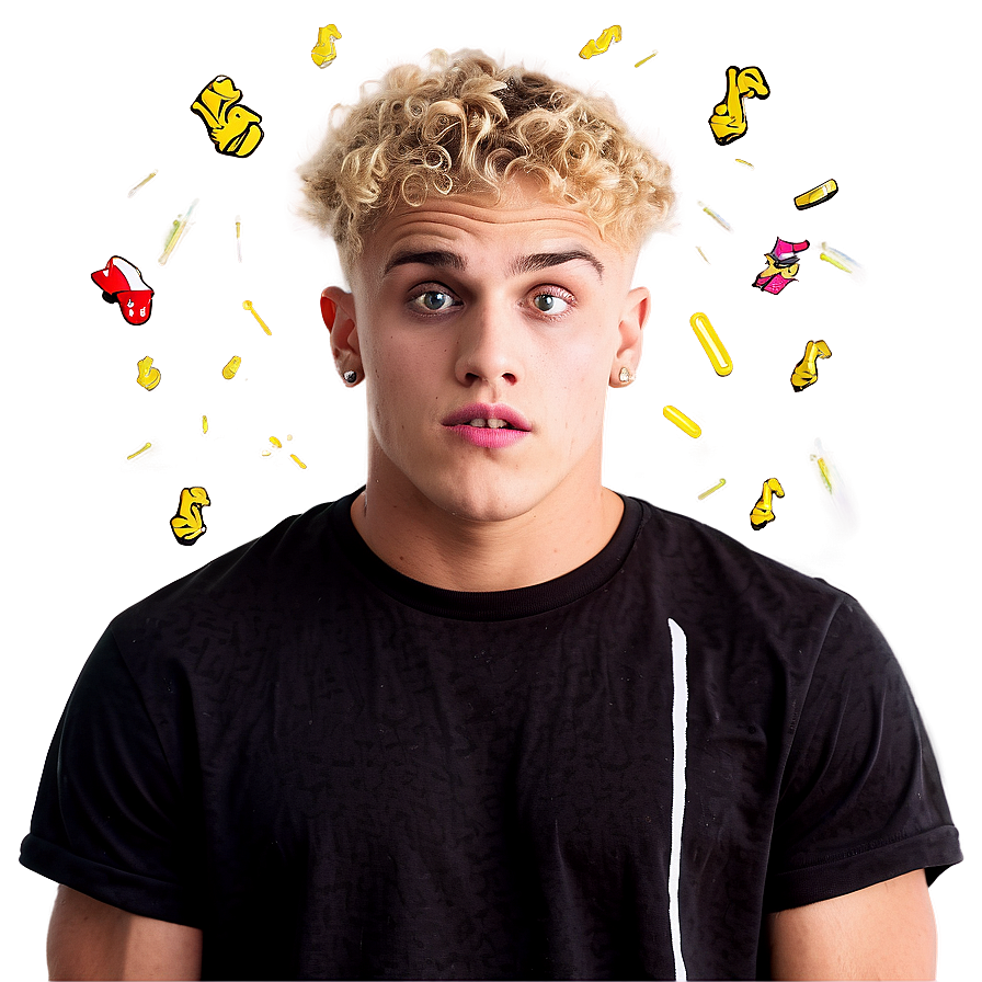 Blonde Curly Haired Manwith Graphic Icons PNG
