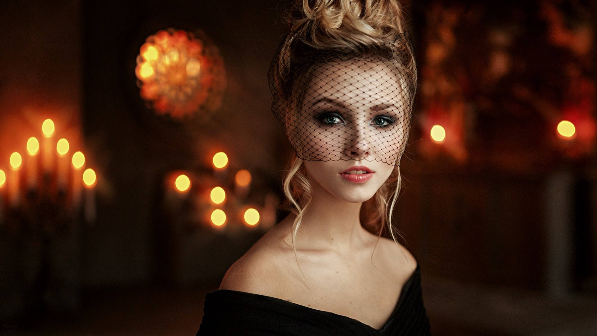 Blonde Female Model Black Net Veil Wallpaper