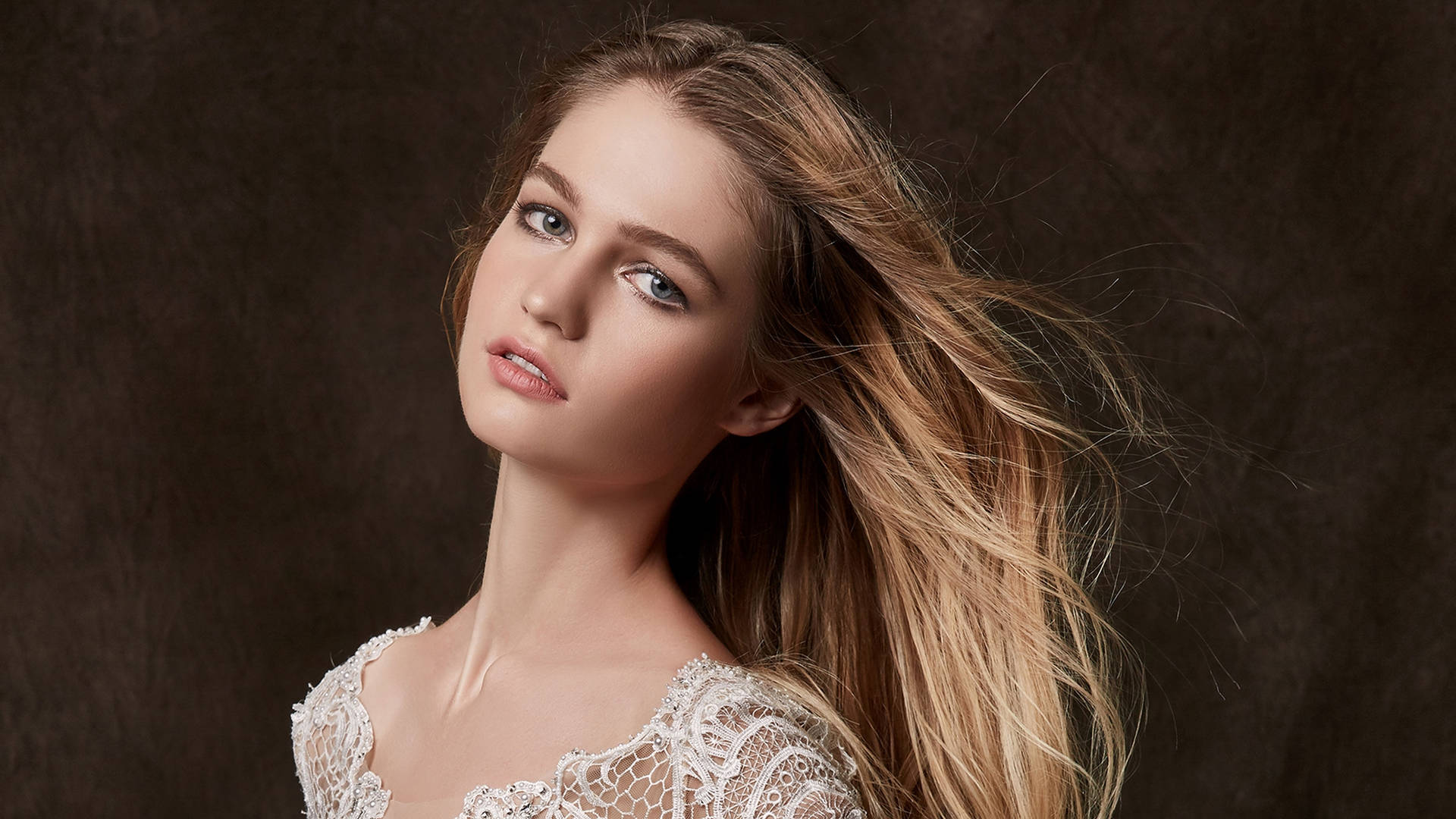 Blonde Female Model Windy Hair Wallpaper