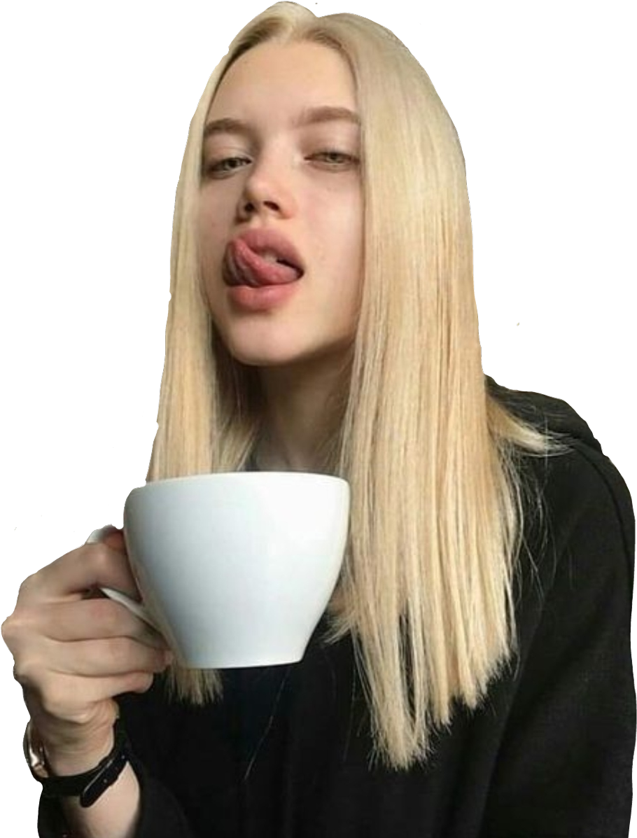 Blonde Hair Woman Tongue Out With Cup PNG