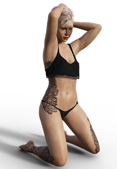 Blonde Modelin Black Swimwearwith Tattoos PNG