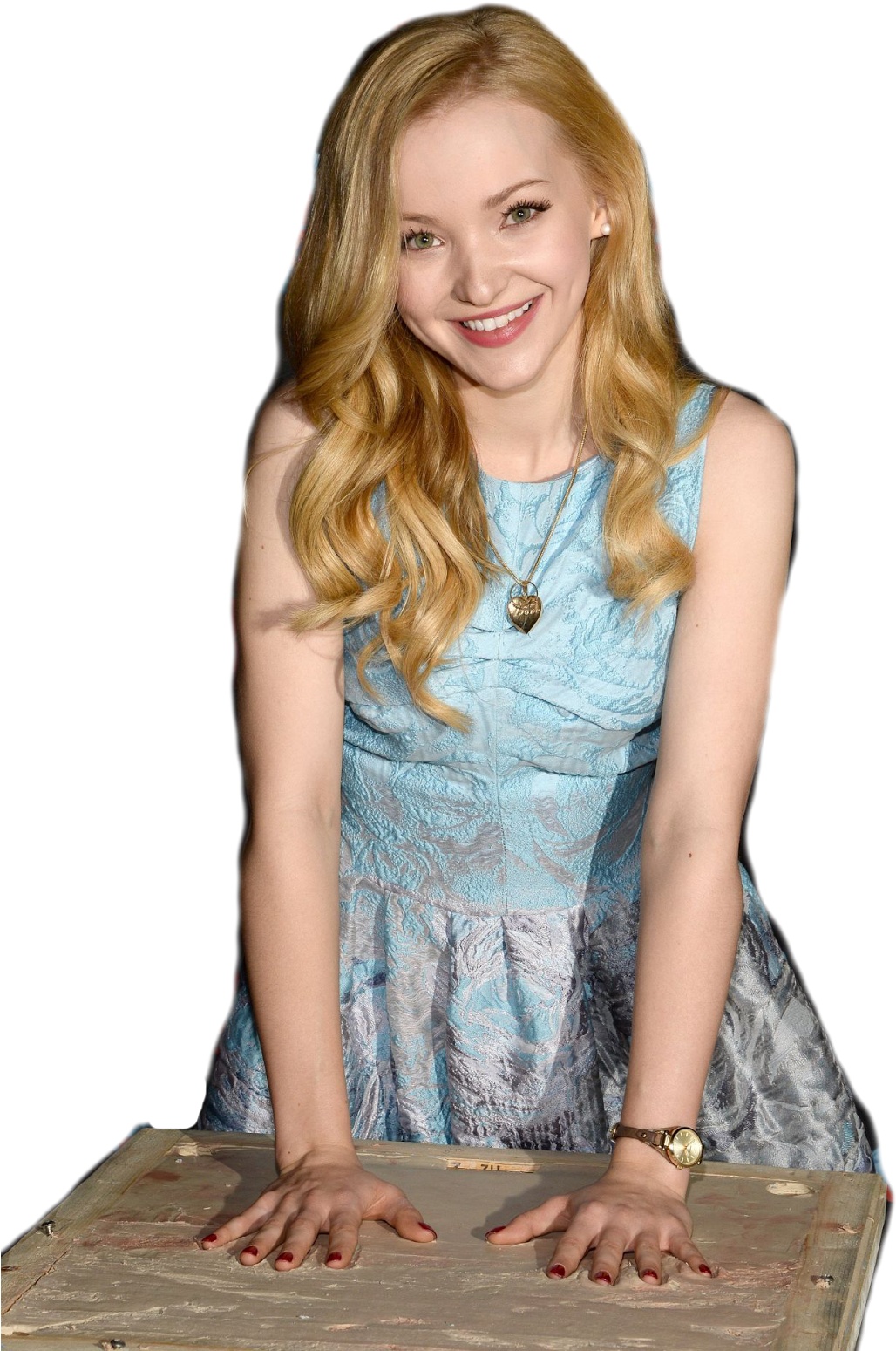 Blonde Woman Blue Dress Leaning On Table PNG