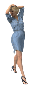 Blonde Woman Blue Dress Pose PNG