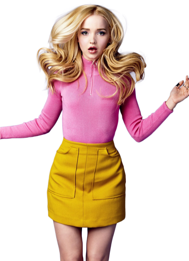 Blonde Woman Pink Sweater Yellow Skirt PNG