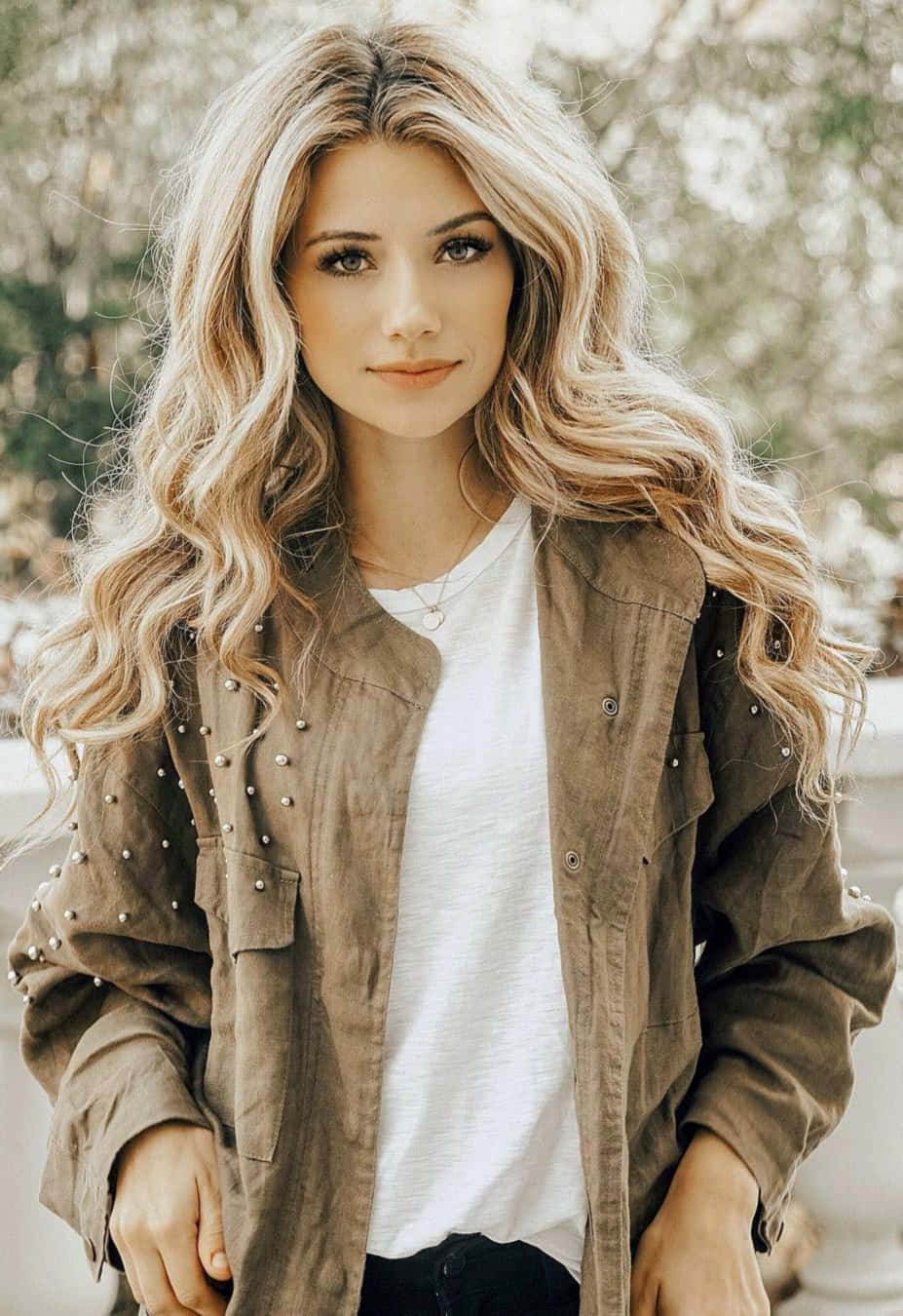 Blonde Womanin Khaki Jacket Wallpaper