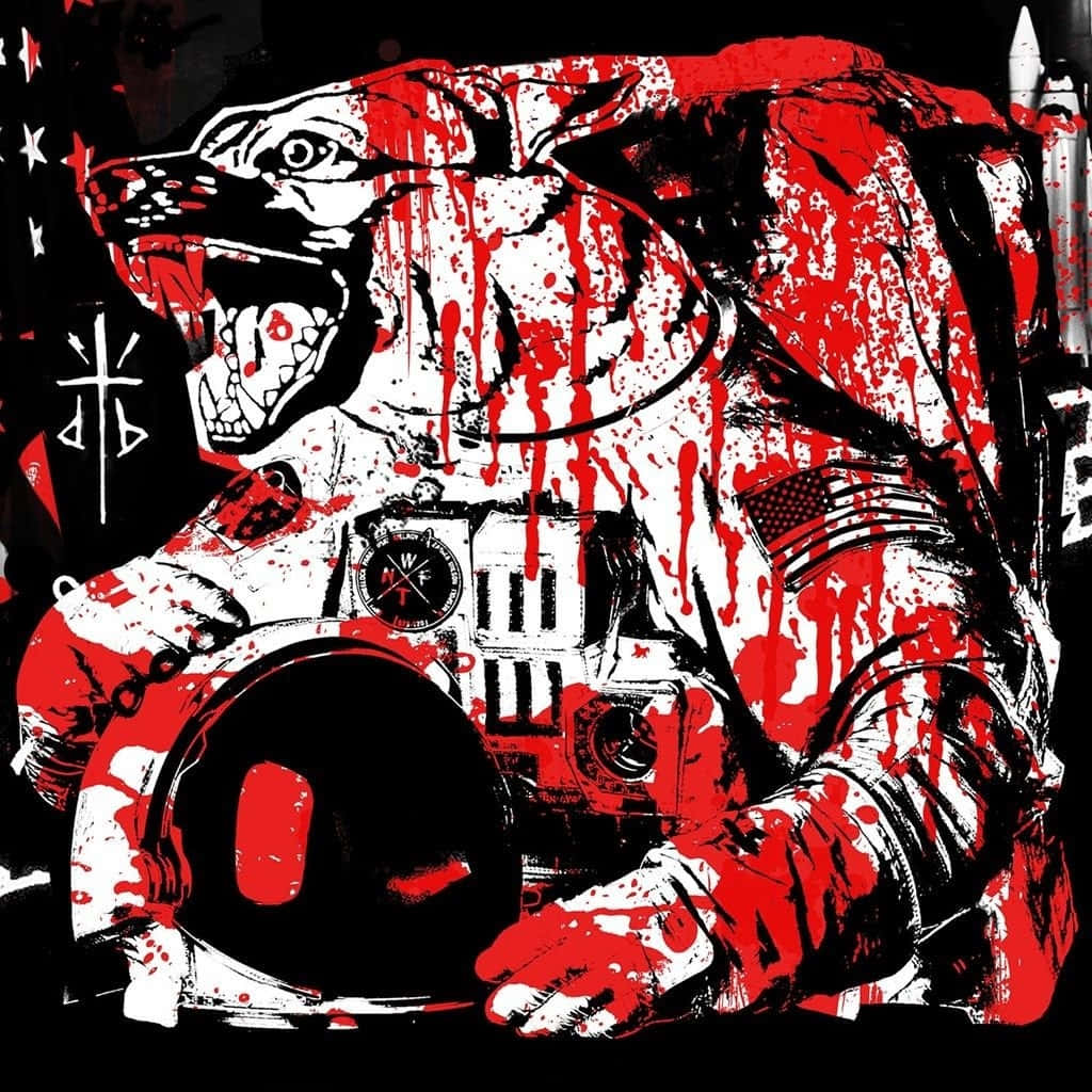 A Black And White Image Of An Astronaut With A Red Splatter Wallpaper