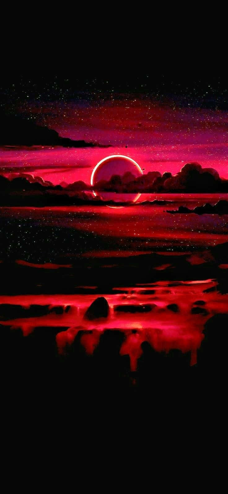 Unatardecer Rojo Con Nubes Y Una Luna. Fondo de pantalla