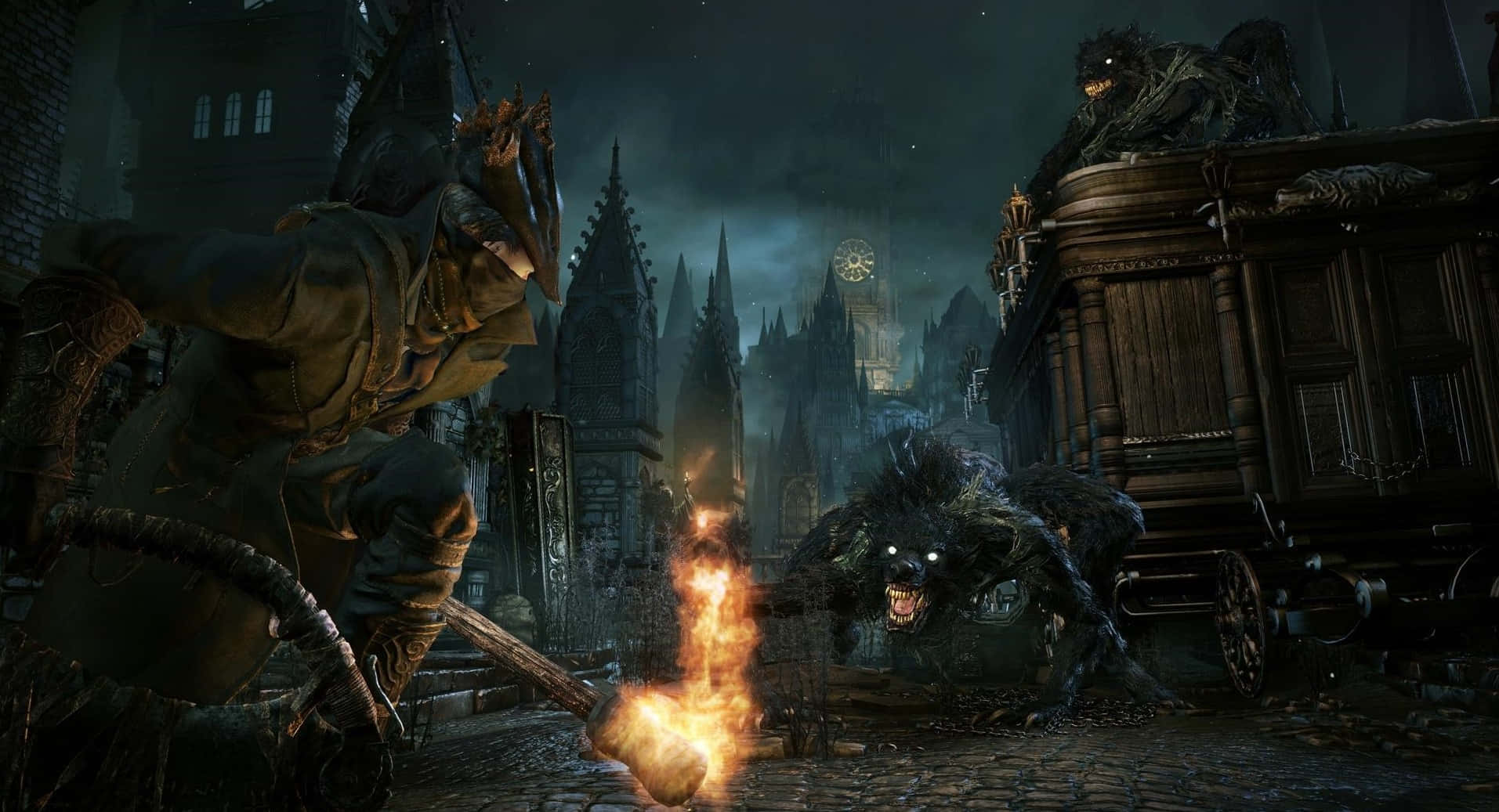 Caption: Hunter facing the beasts in the Gothic city of Yharnam