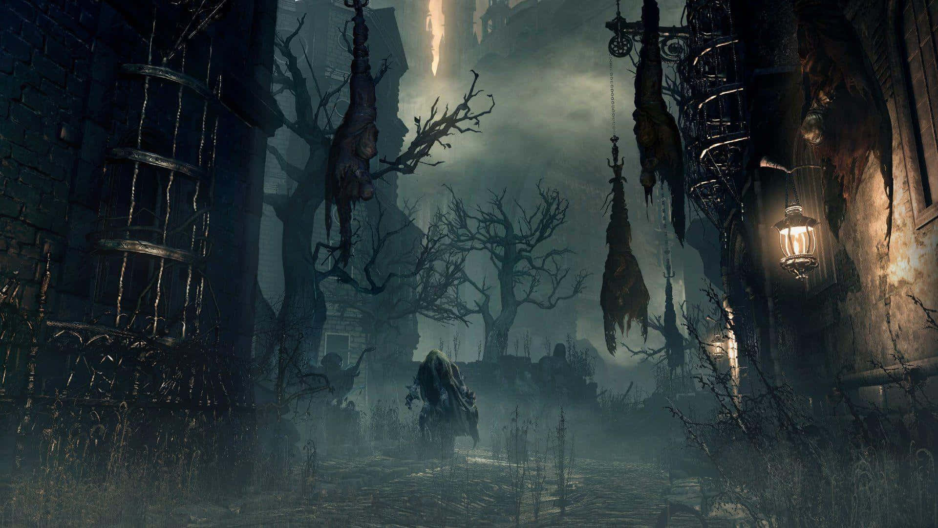 Mysterious Hunter Walking in the Dark Streets of Bloodborne