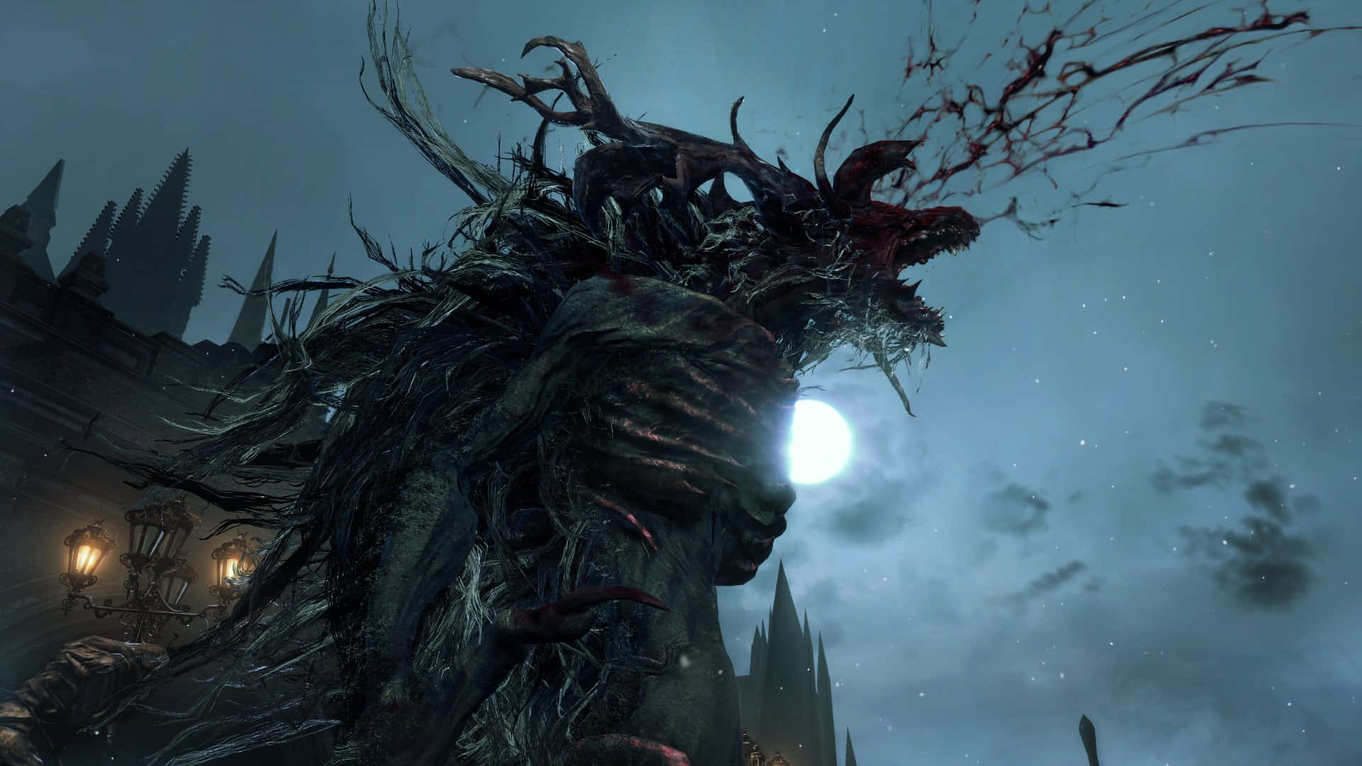 A hunter exploring the dark and mystical city of Yharnam in Bloodborne.