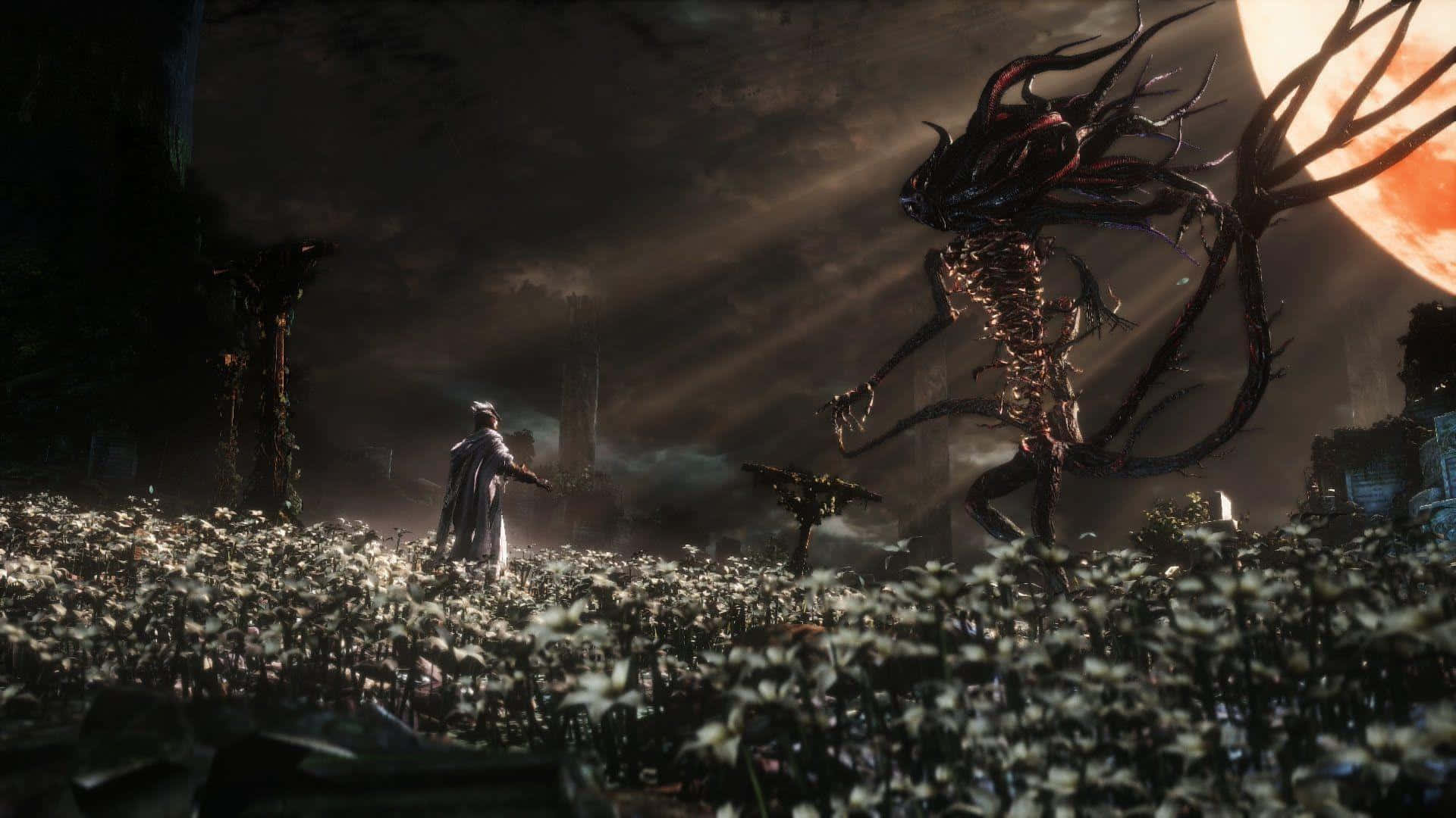 Hunter confronting beast in the dark and haunting world of Bloodborne