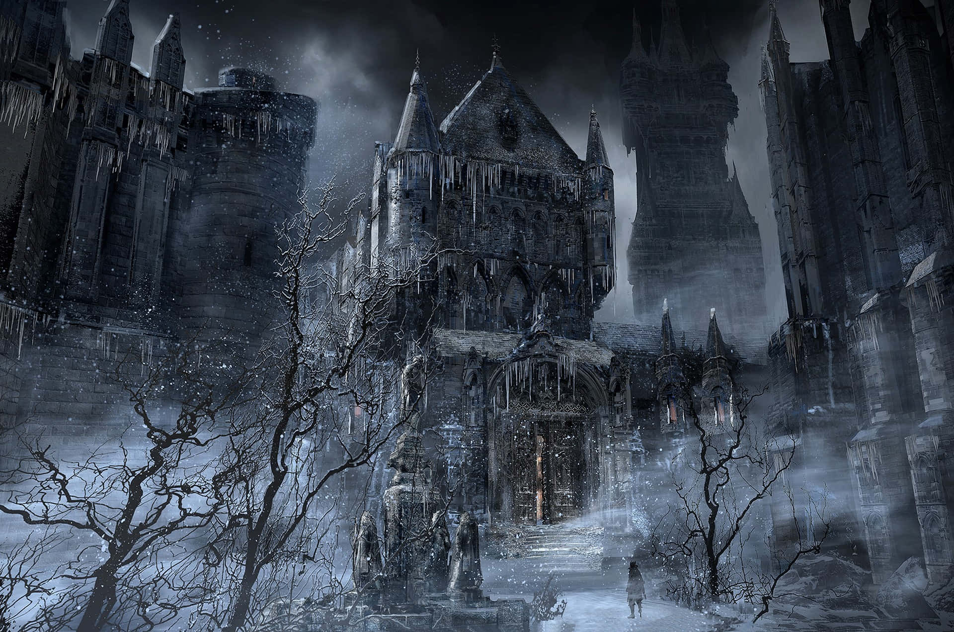 A fearsome hunter confronts a monstrous creature in the haunting world of Bloodborne.