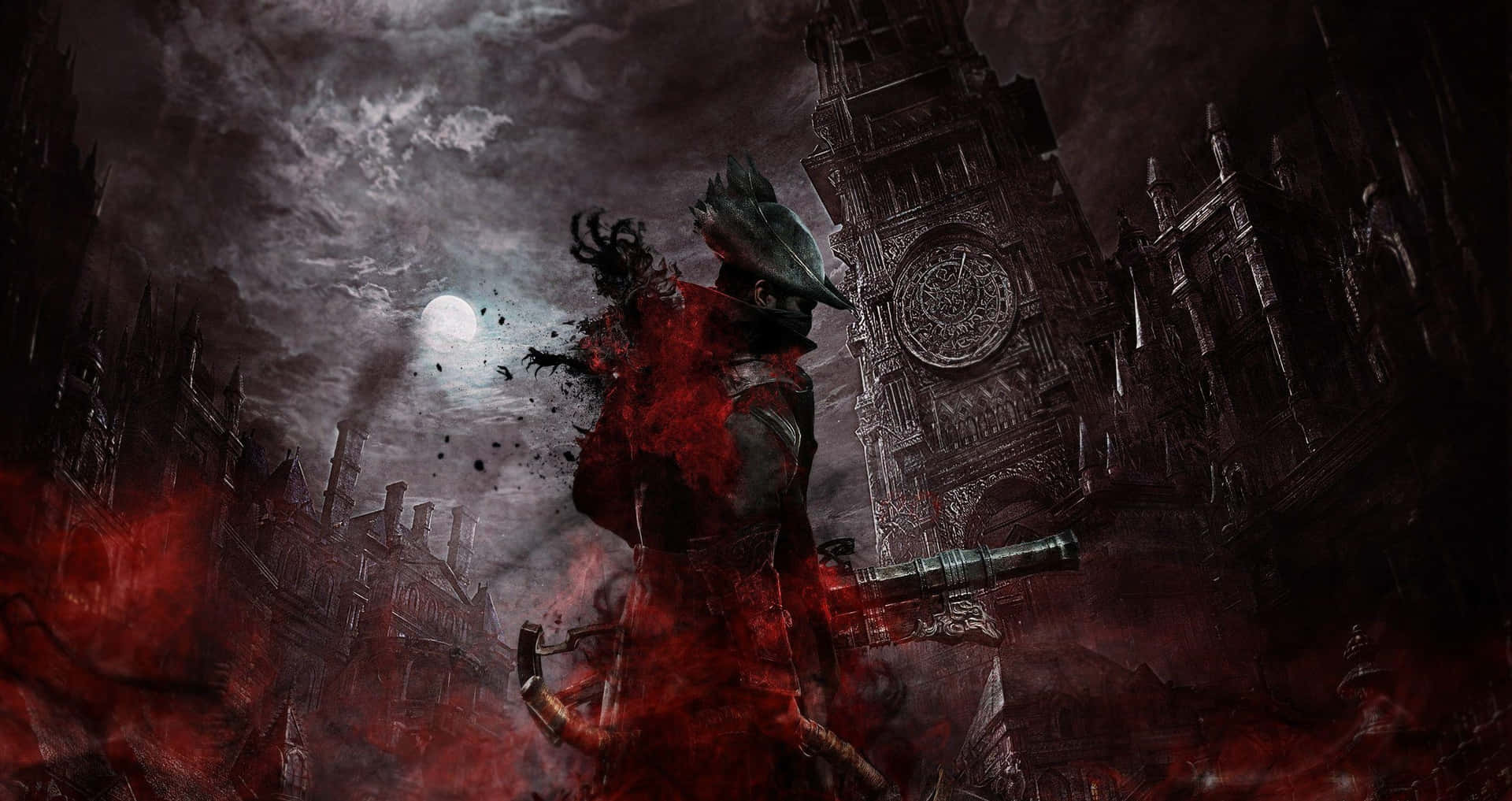 A haunting Bloodborne scene featuring the Hunter amidst a grim, foreboding landscape