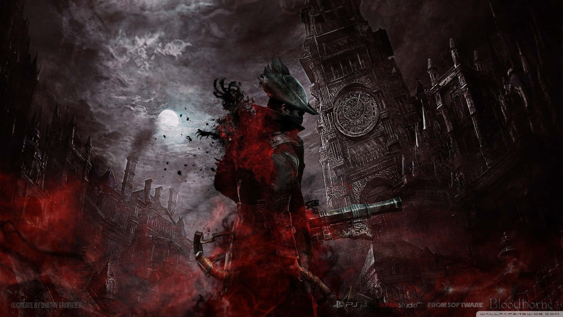 Enkeltfarvet digitalt kunstværk af Bloodborne 4K HD baggrund Wallpaper