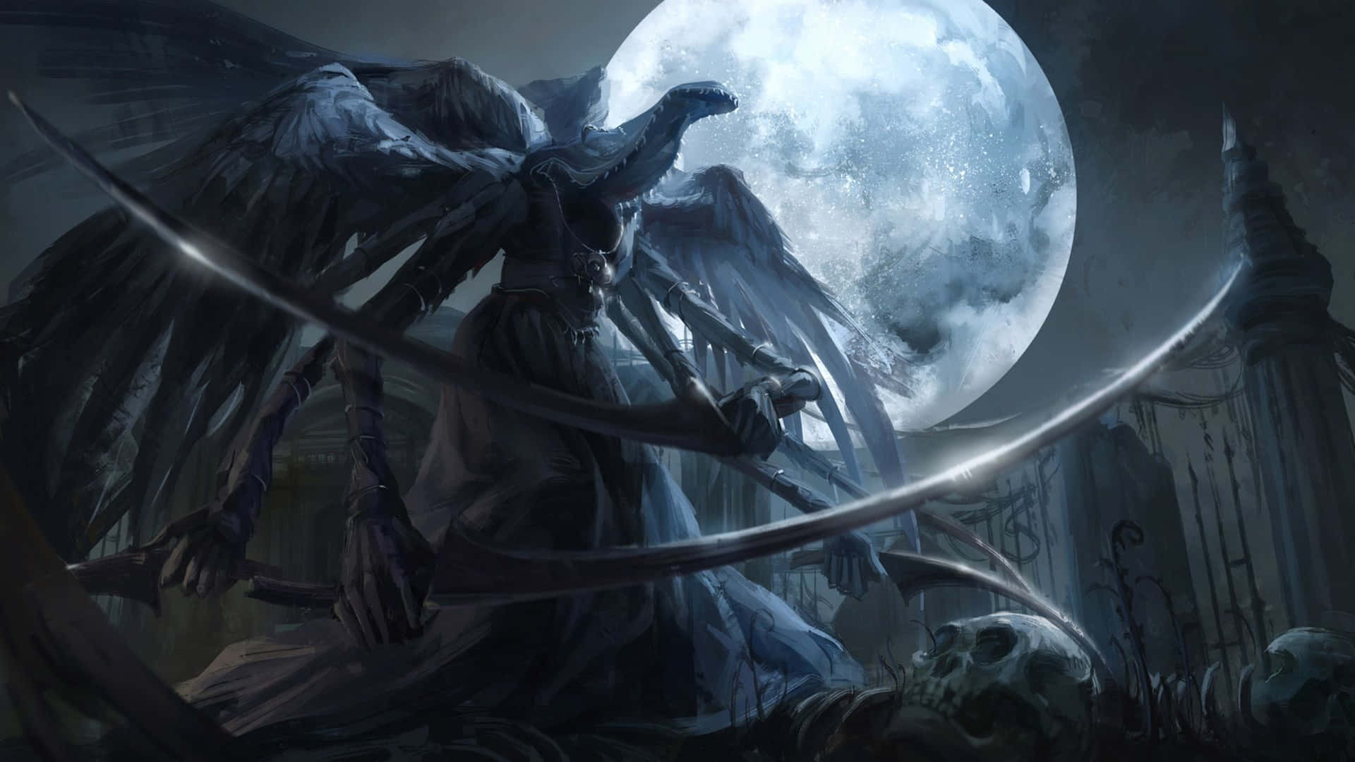 En mørk engel med vinger, der står foran en fuldmåne Wallpaper