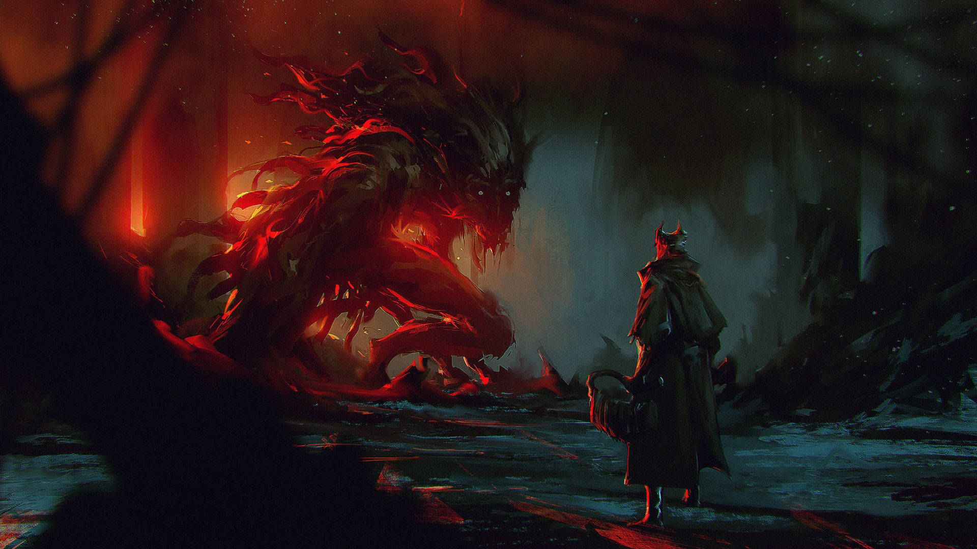 Carnage erupts as the Cleric Beast confronts an unlucky hunter in Bloodborne Wallpaper
