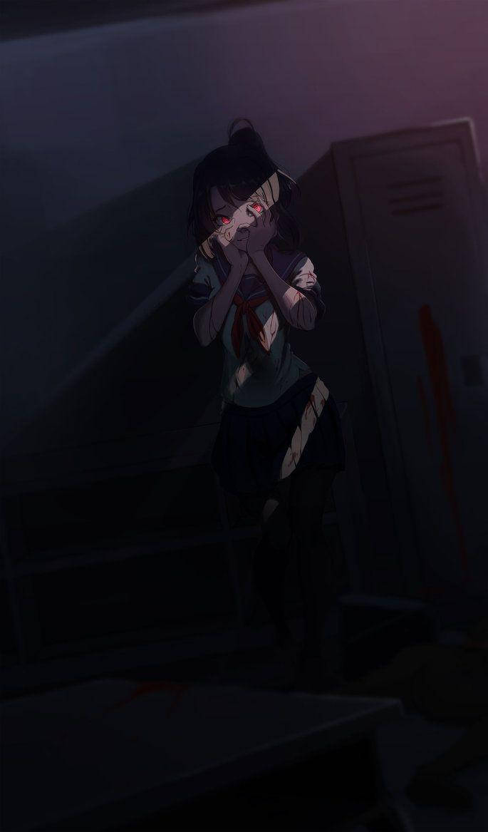 Bloody Ayano Aishi in Yandere Simulator action scene. Wallpaper