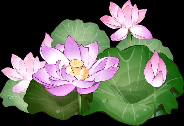 Blooming Lotus Flowers Illustration PNG