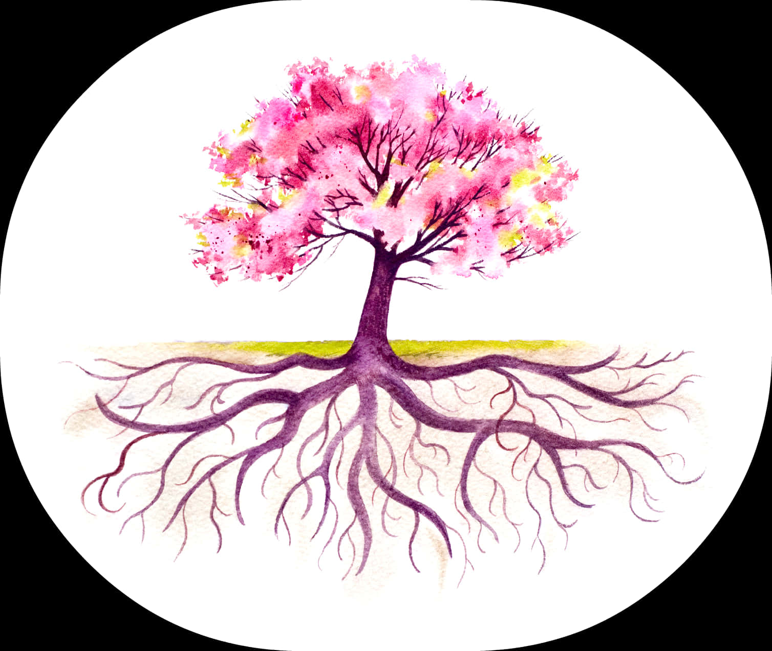 Blossoming Treewith Visible Roots Watercolor PNG