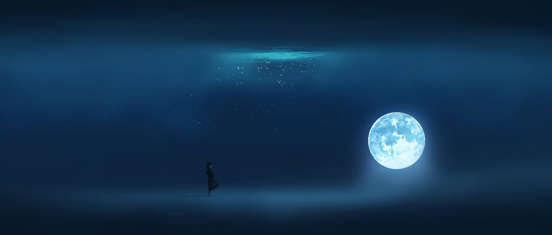Blue 4k Sea And Moon Art