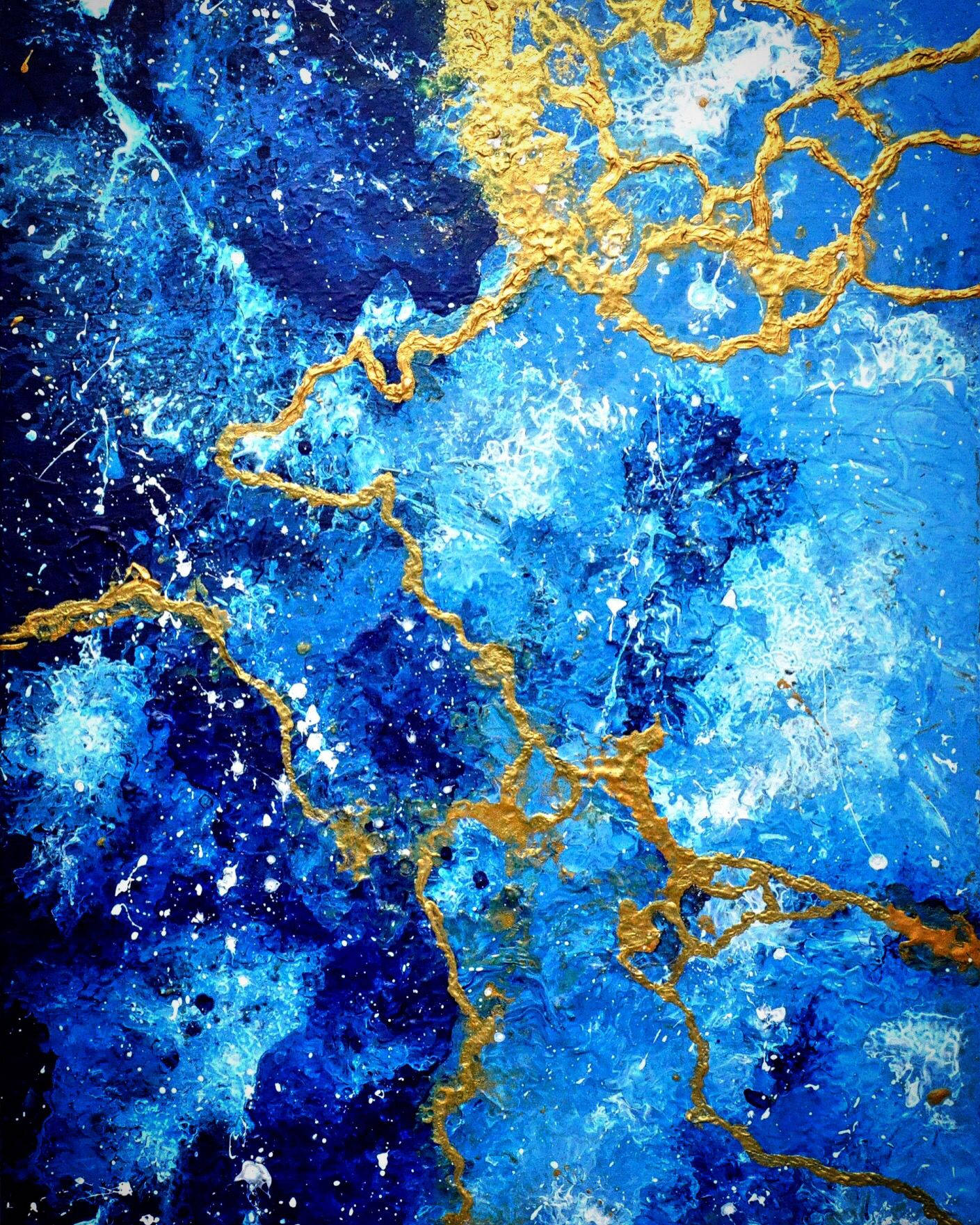 Pintura Abstrata Azul E Dourada Papel de Parede