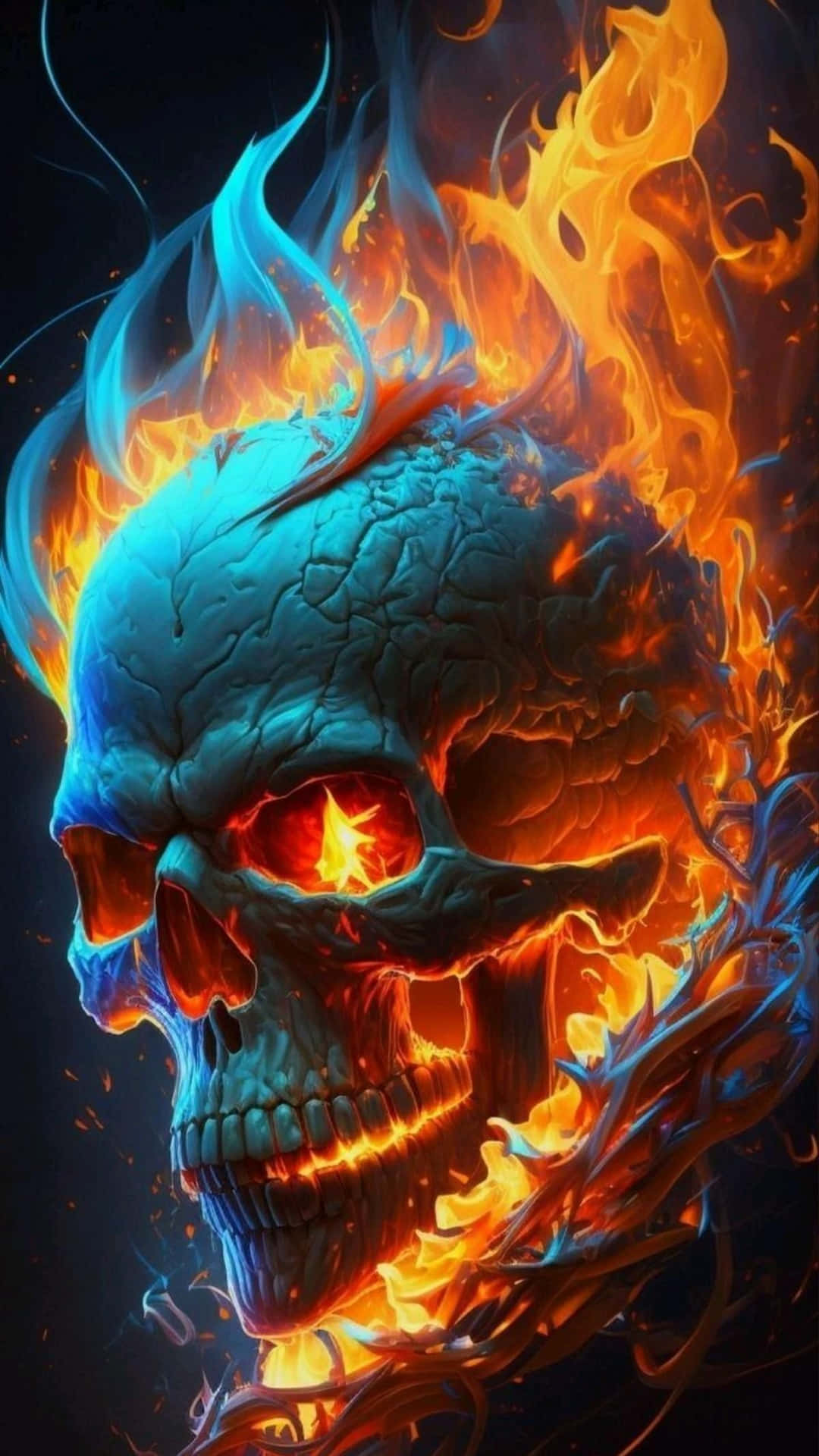 Blue_and_ Orange_ Fire_ Skull_ Artwork Wallpaper