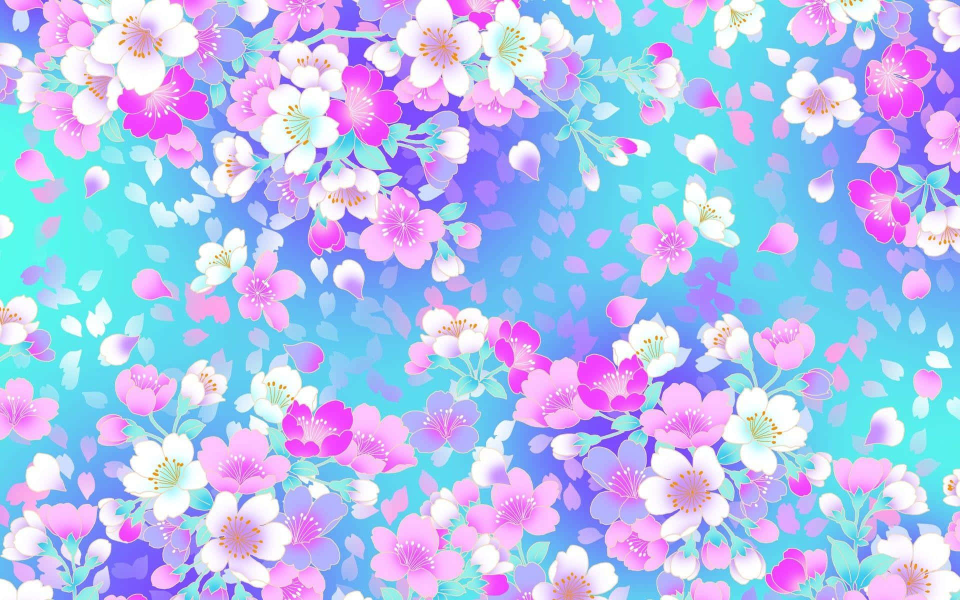 Fondode Pantalla Con Flores De Cerezo En Color Azul Y Rosa.
