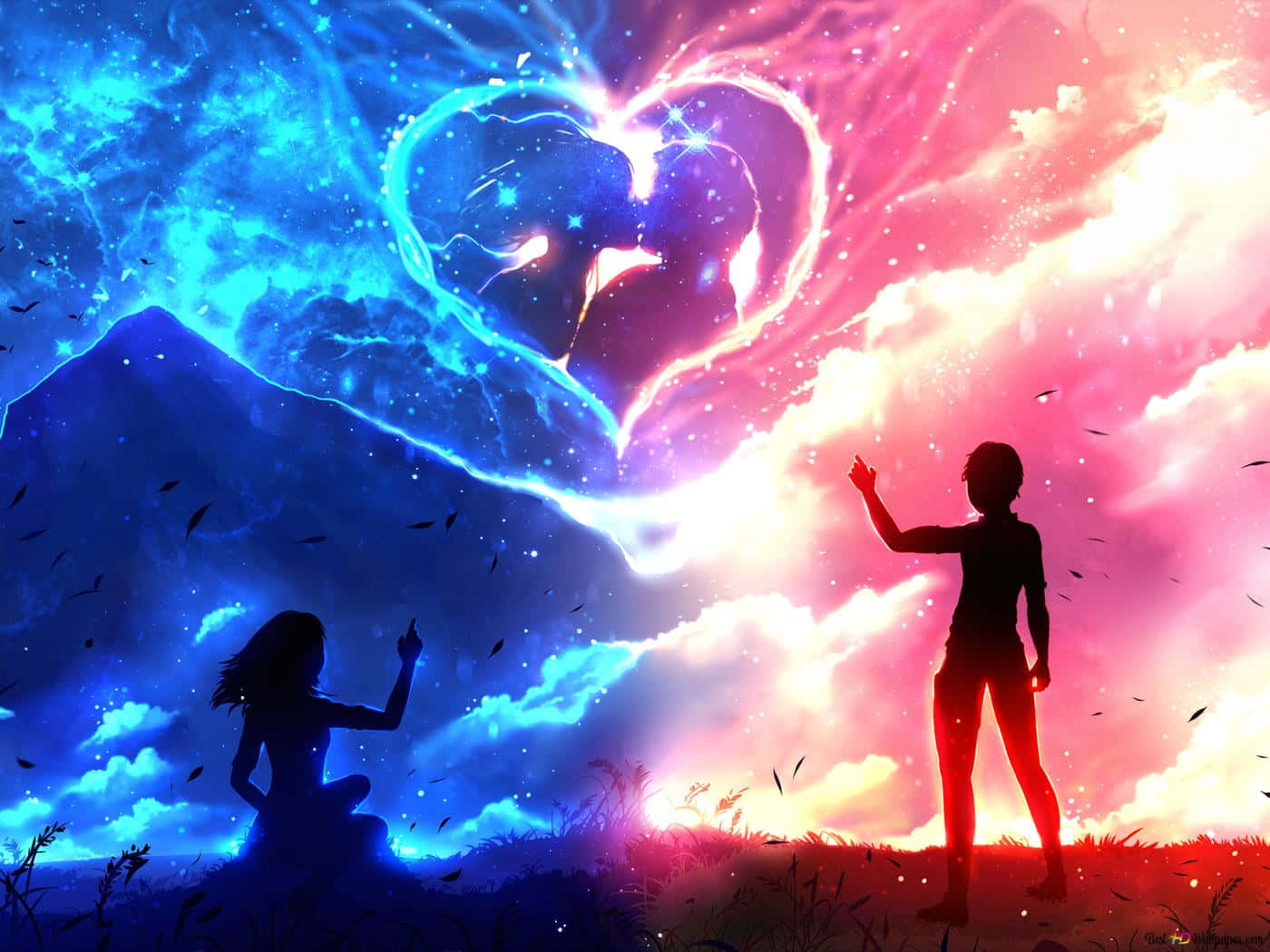Siluetasde Pareja Azul Y Rosa En Un Romántico Anime Fondo de pantalla