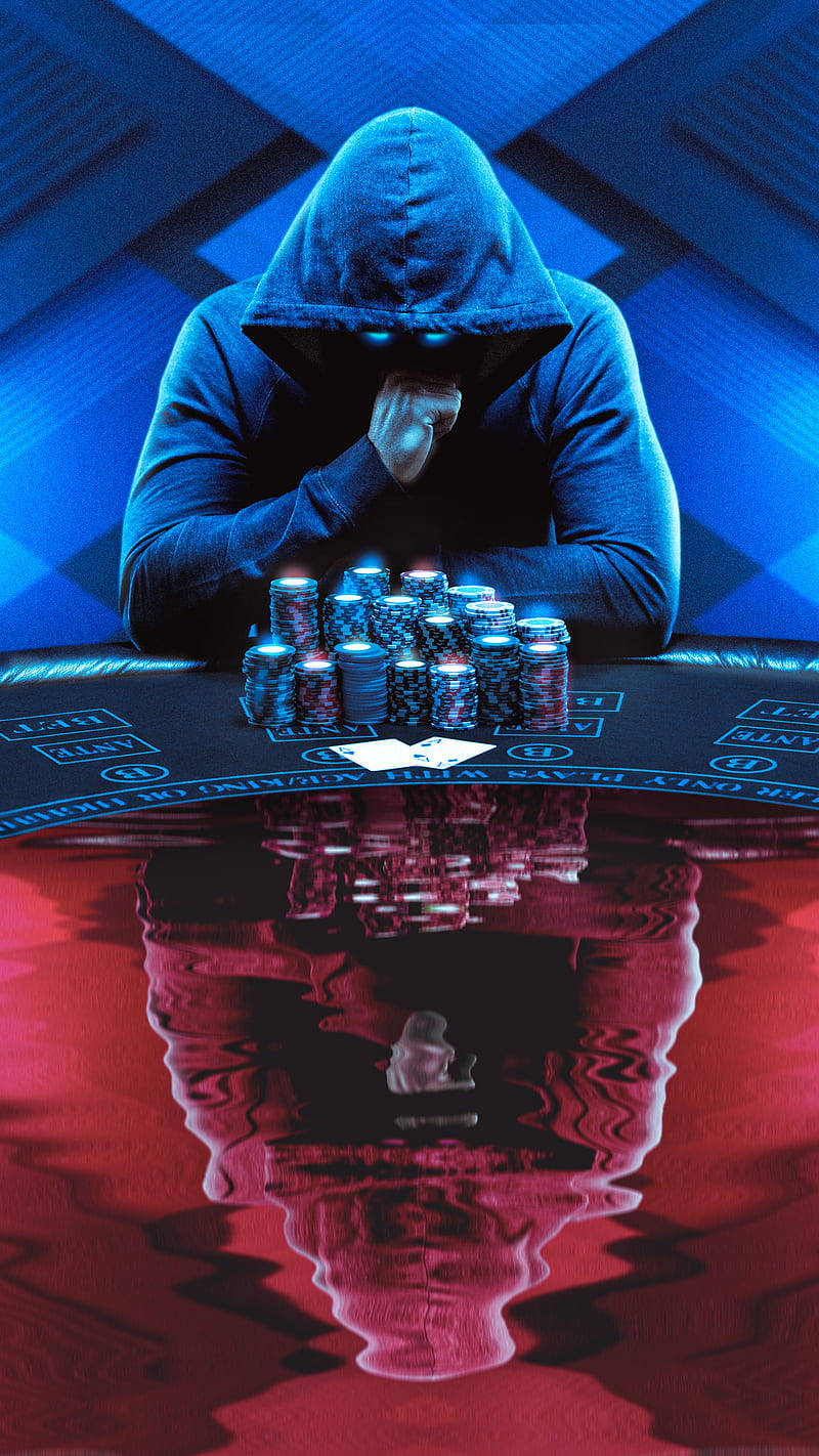 Blue And Red Man Wearing Hoodie Looking At Baccarat Game Wallpaper