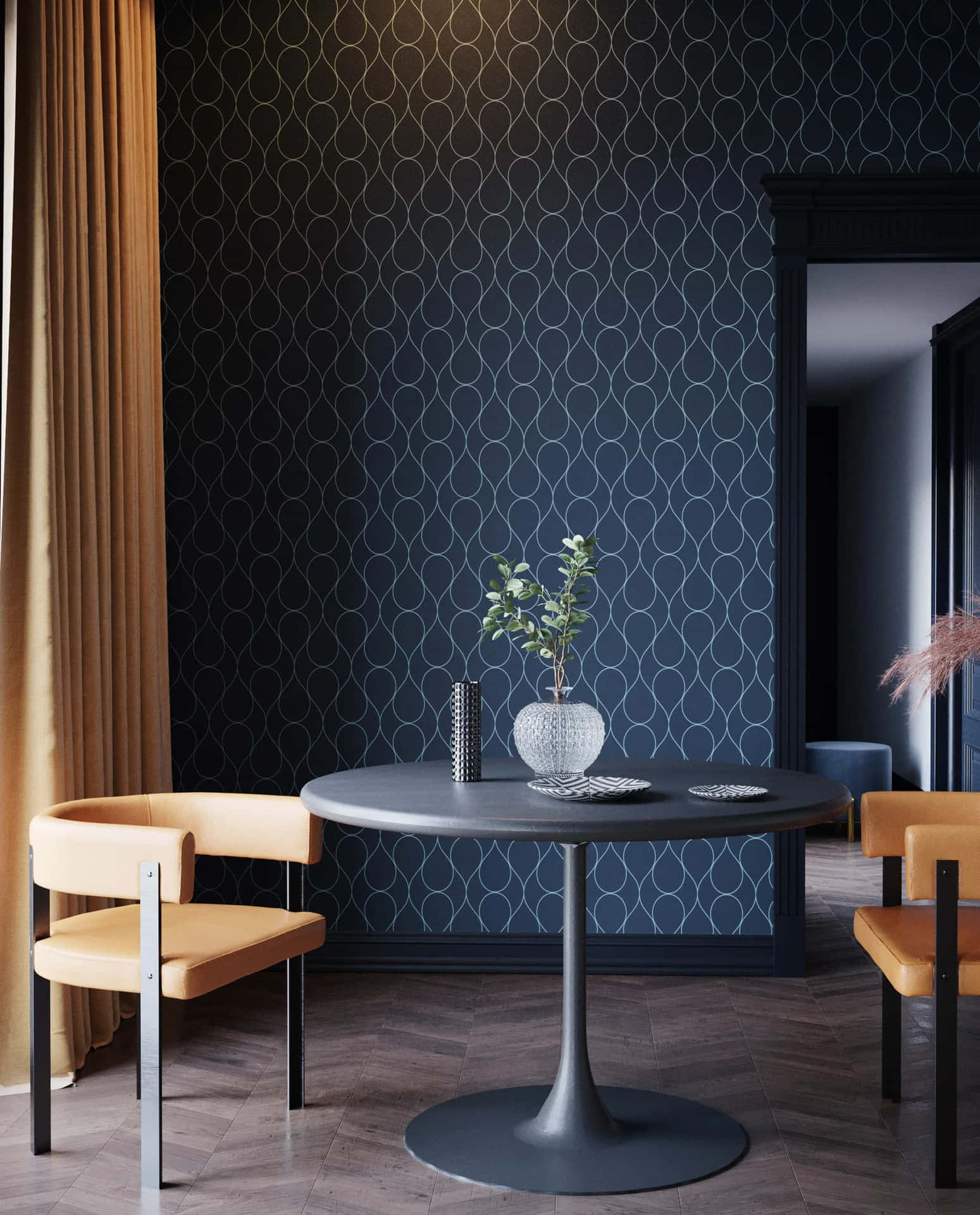 A Dining Room With A Round Table And Chairs Wallpaper