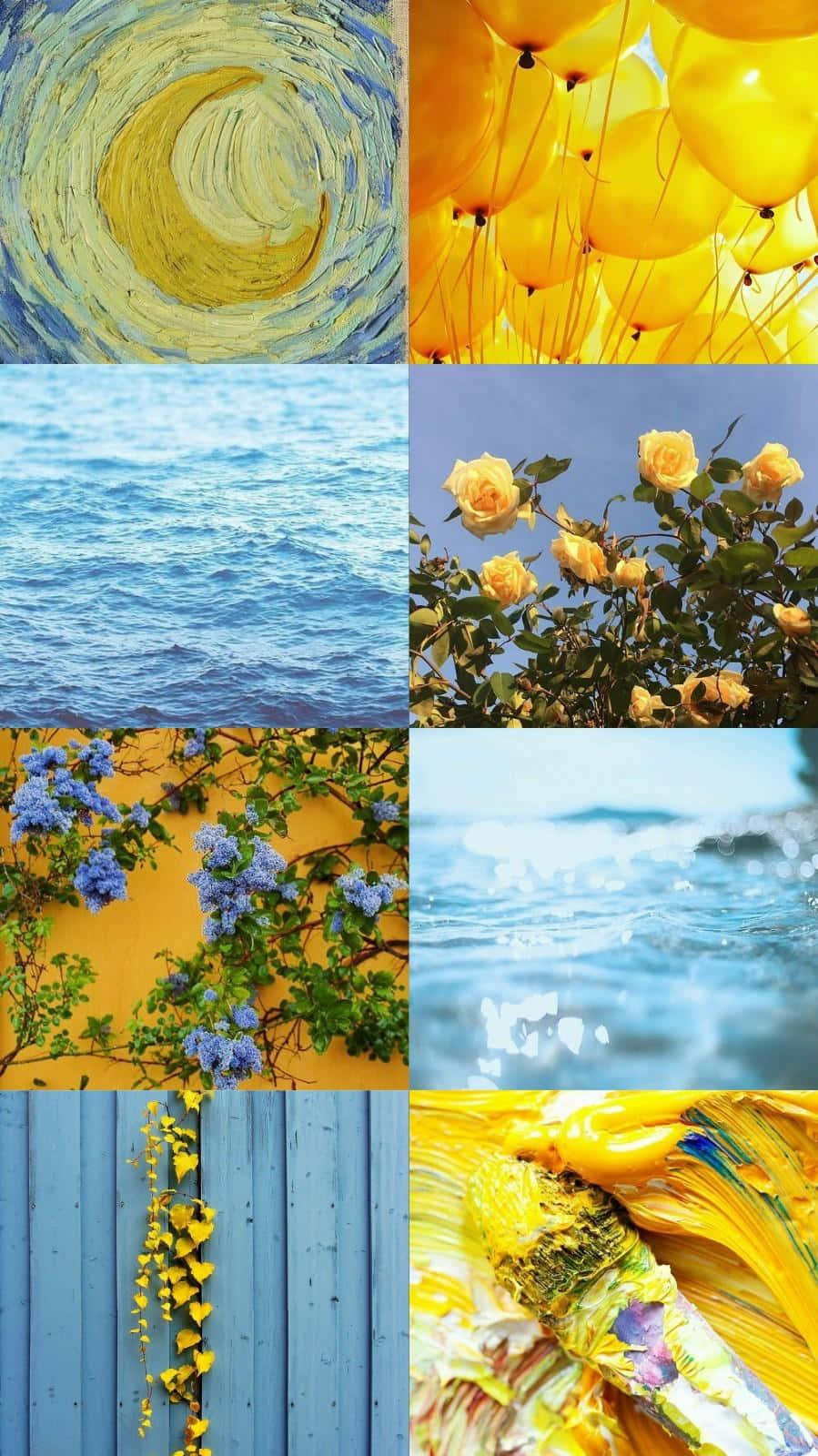 Fondode Pantalla De Collage De Fotos Con Pinturas De Flores En Azul Y Amarillo.