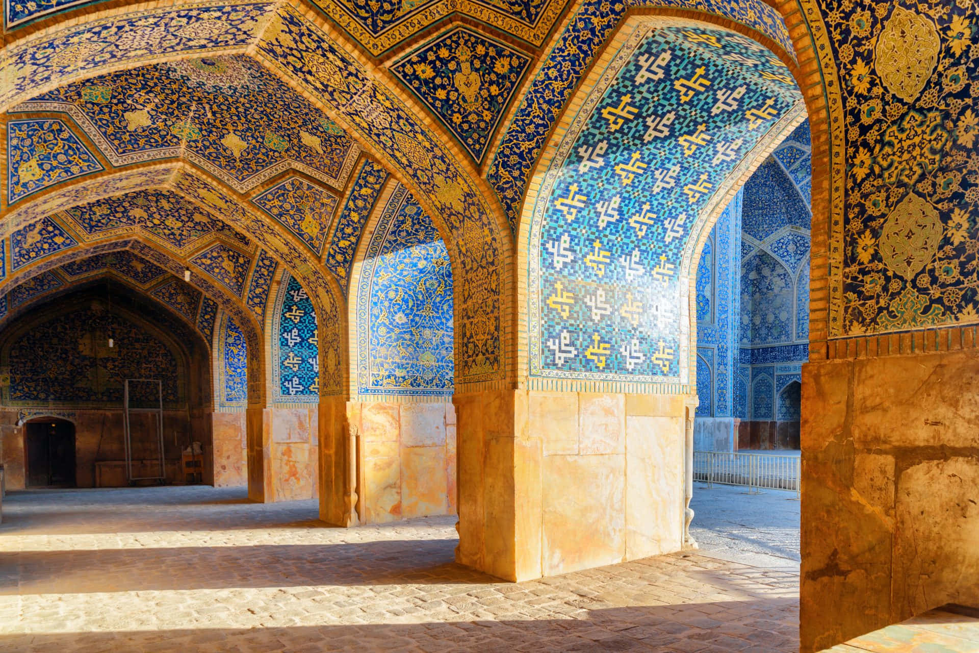 Blue And Yellow Schemes Inside Shah Mosque Wallpaper