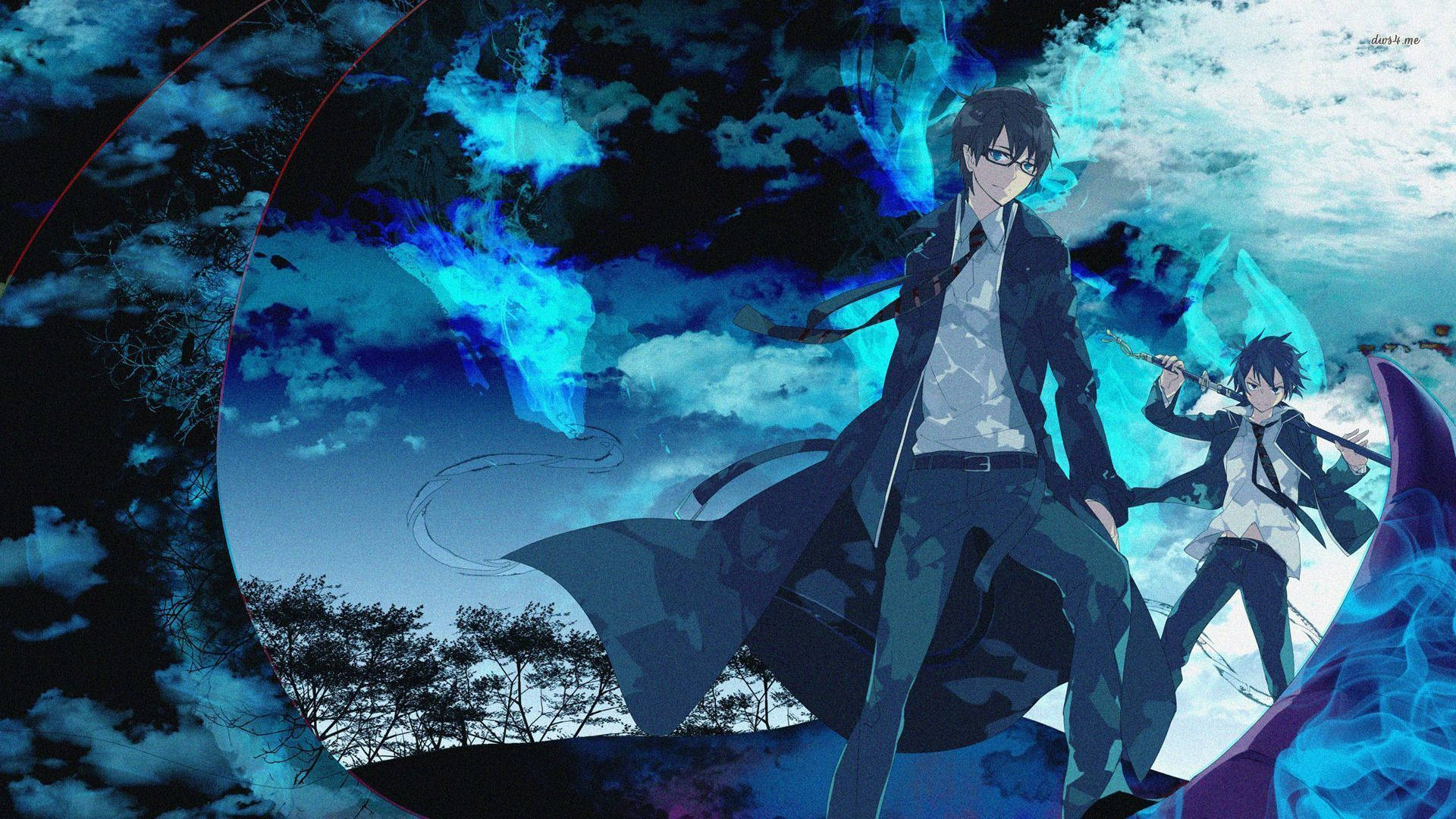 Blue Anime with man on glasses and a boy with big axe.
