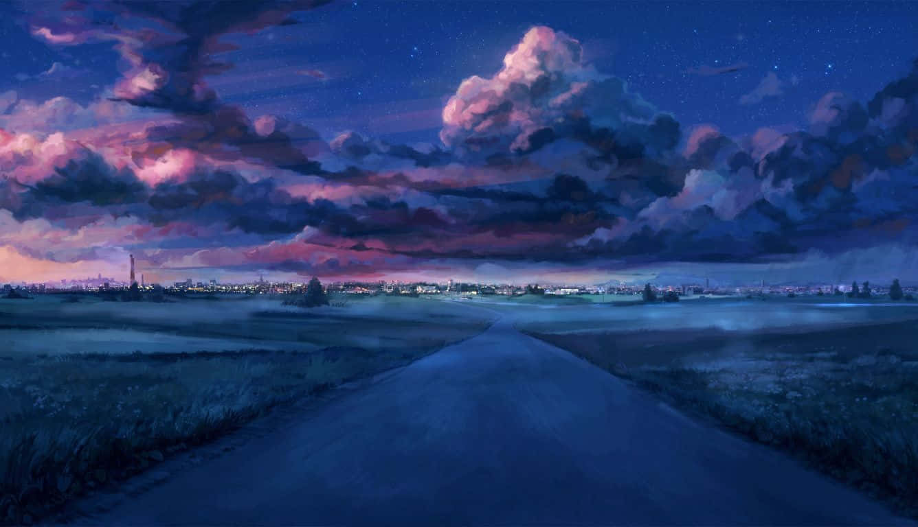 Papelde Parede De Computador Ou Celular Com Estética De Anime Em Azul, Percorrendo Uma Estrada Sob Um Céu Noturno Com Nuvens Densas. Papel de Parede