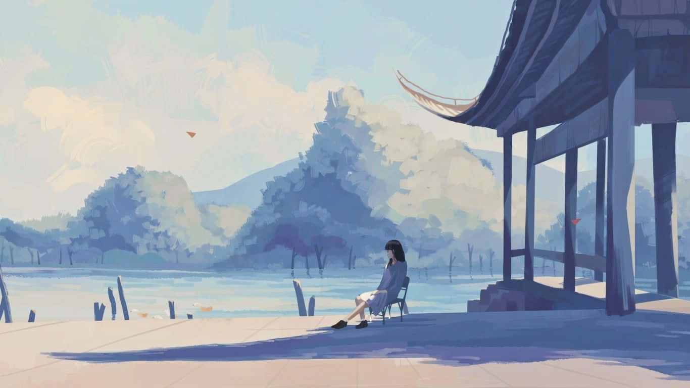 A Painting Of A Woman Sitting On A Bench Near A Lake Wallpaper