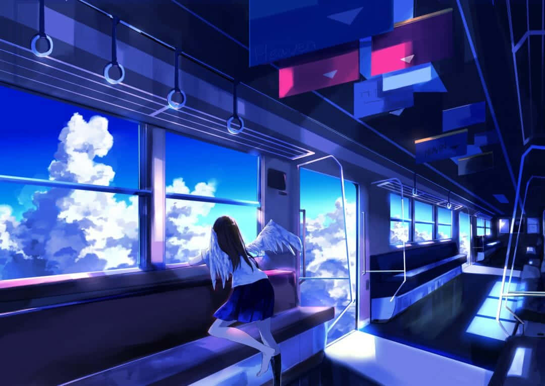 Fondode Pantalla Azul De Anime Con Una Chica Mirando Por La Ventana Del Tren.