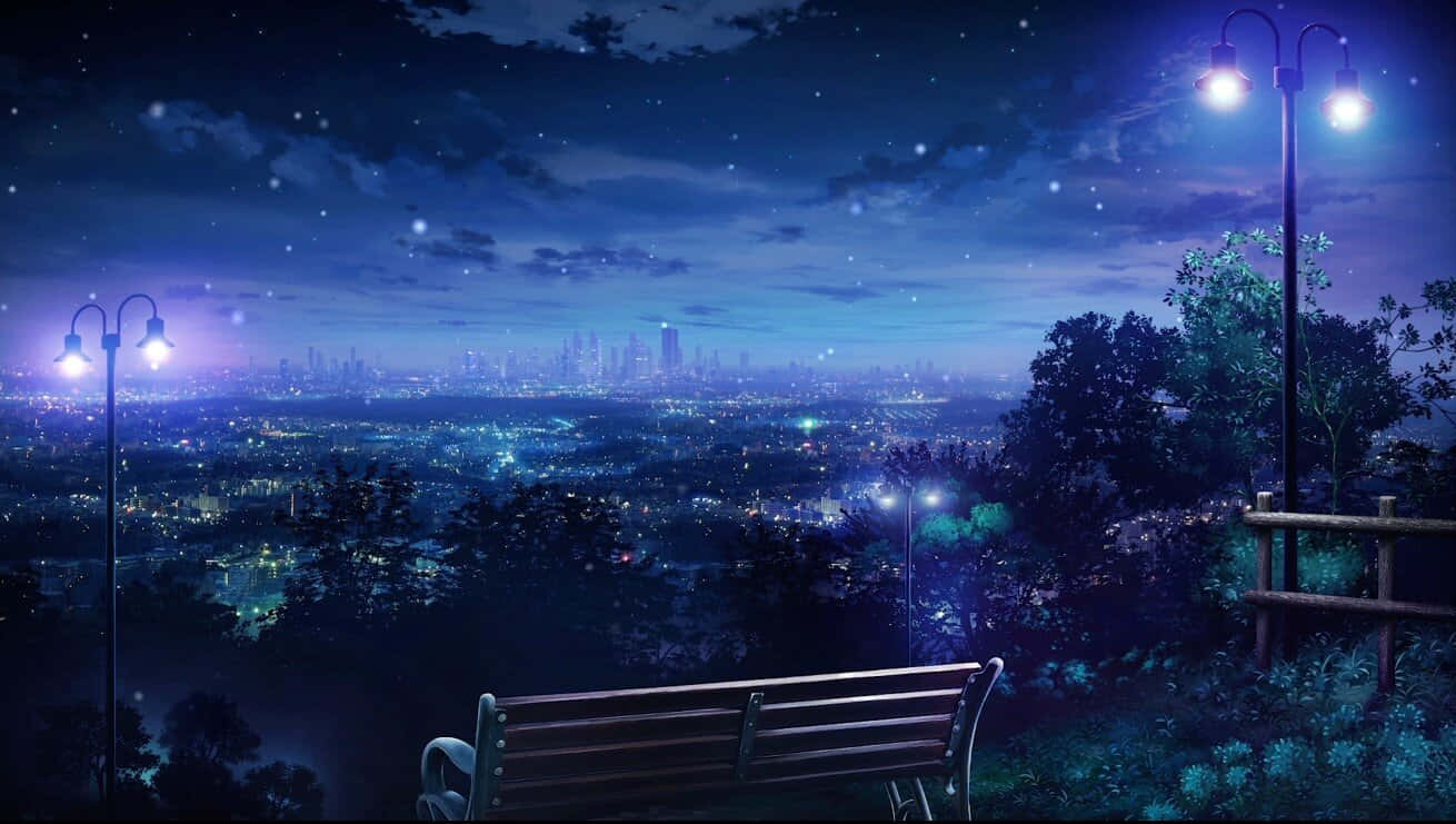 Blå anime baggrundsbænk med udsigt over byen
