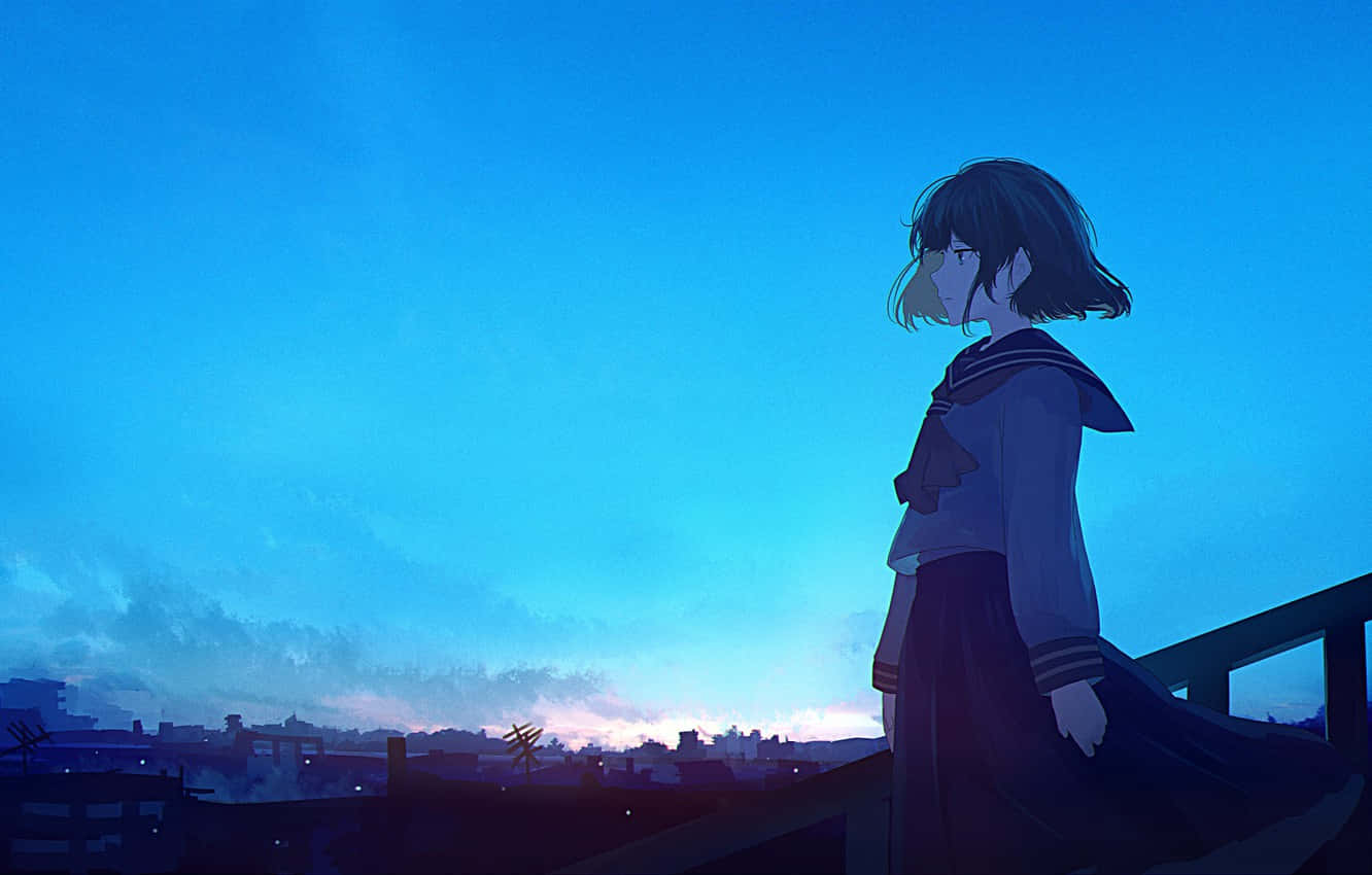 Blå anime baggrund Melankolsk pige i uniform